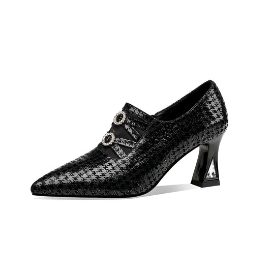 Nine Seven Women's Pointed Toe Genuine Leather Handmade Side Zipper Mid Chunky Heels Elegant Pumps Shoes