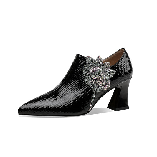 Nine Seven Women's Pointed Toe Patent Leather Handmade Flower Décor Side Zip Up Mid Chunky Heels Pumps Shoes