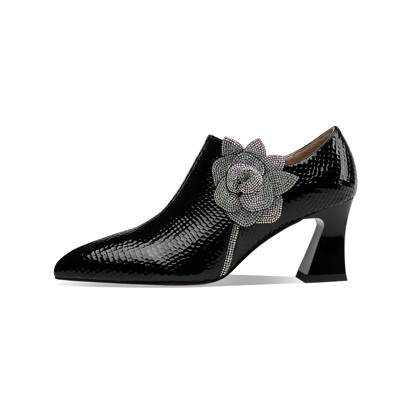 Nine Seven Women's Pointed Toe Patent Leather Handmade Flower Décor Side Zip Up Mid Chunky Heels Pumps Shoes