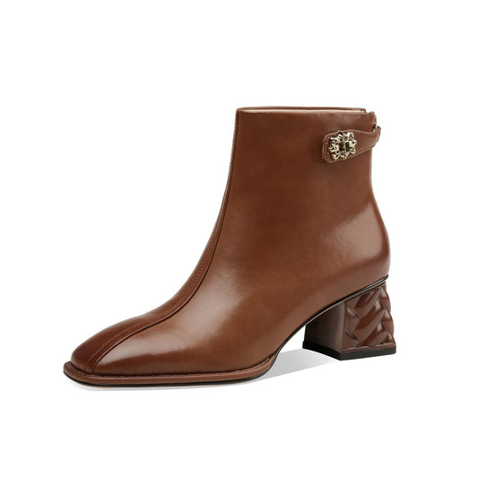 Nine Seven Women's Genuine Leather Square Toe Handmade Buckled Zipper Mid Chunky Heels Trendy Ankle Boots