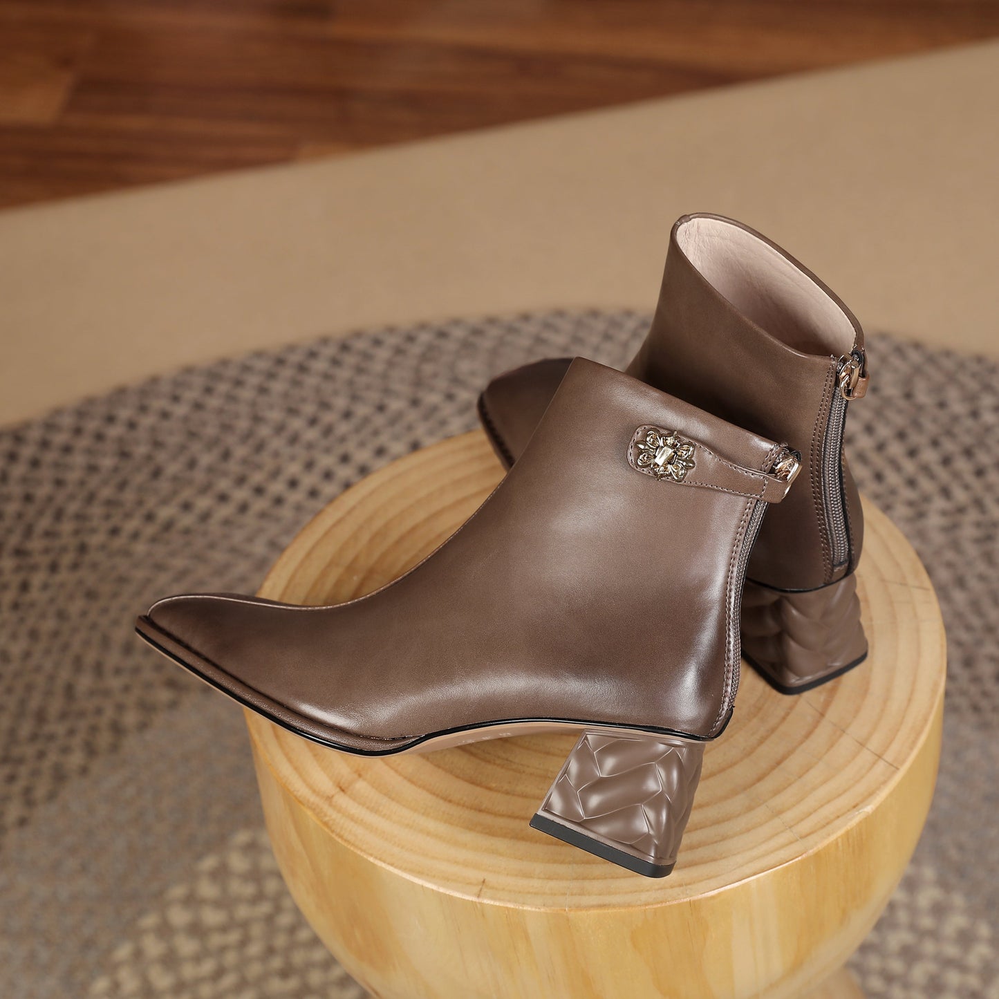 Nine Seven Women's Genuine Leather Square Toe Handmade Buckled Zipper Mid Chunky Heels Trendy Ankle Boots