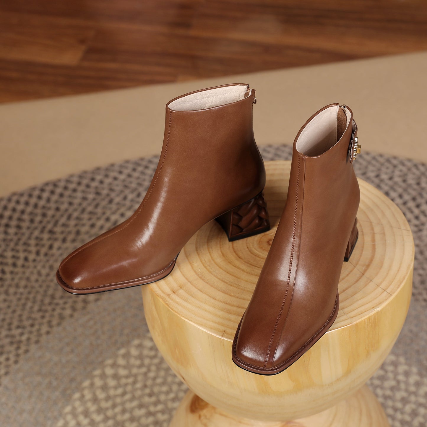 Nine Seven Women's Genuine Leather Square Toe Handmade Buckled Zipper Mid Chunky Heels Trendy Ankle Boots