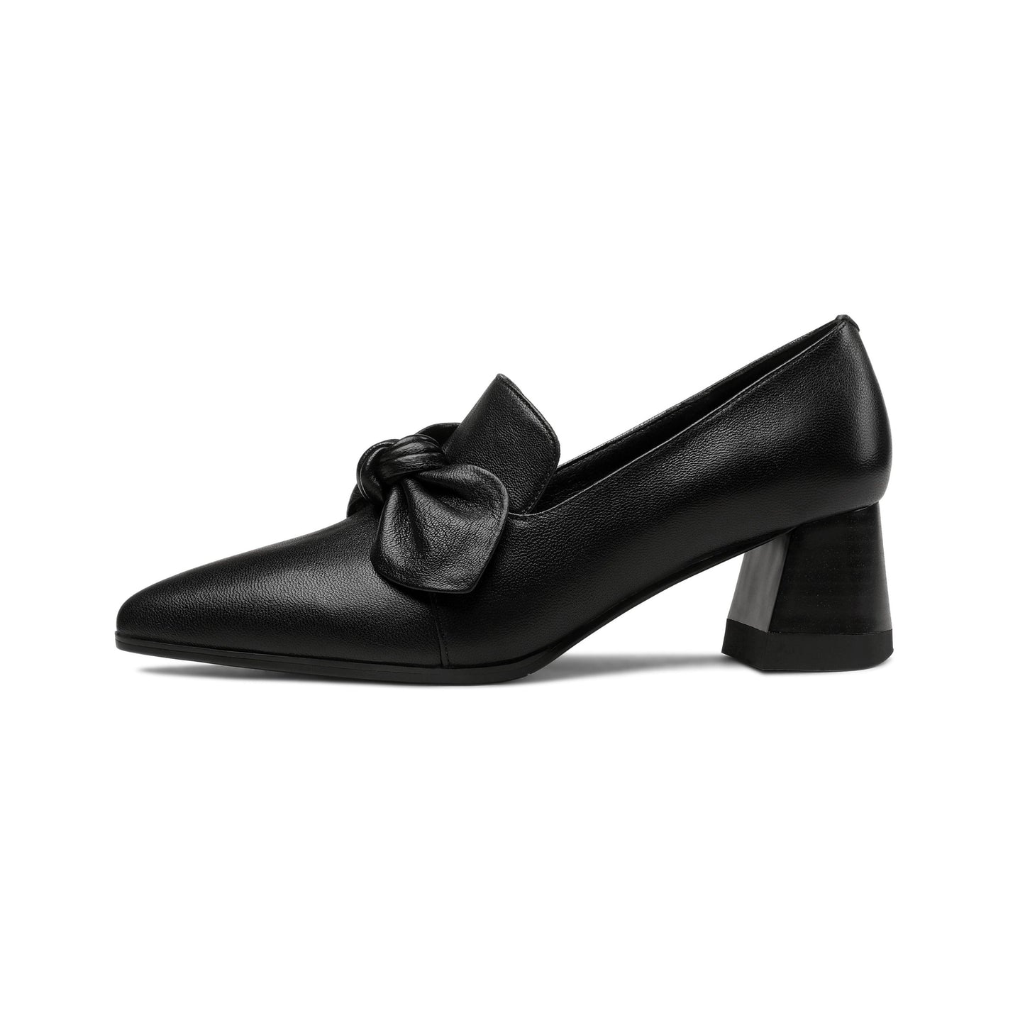 Nine Seven Handmade Women's Genuine Leather Bowknot Slip On Pointed Toe Mid Chunky Heel Pumps Shoes