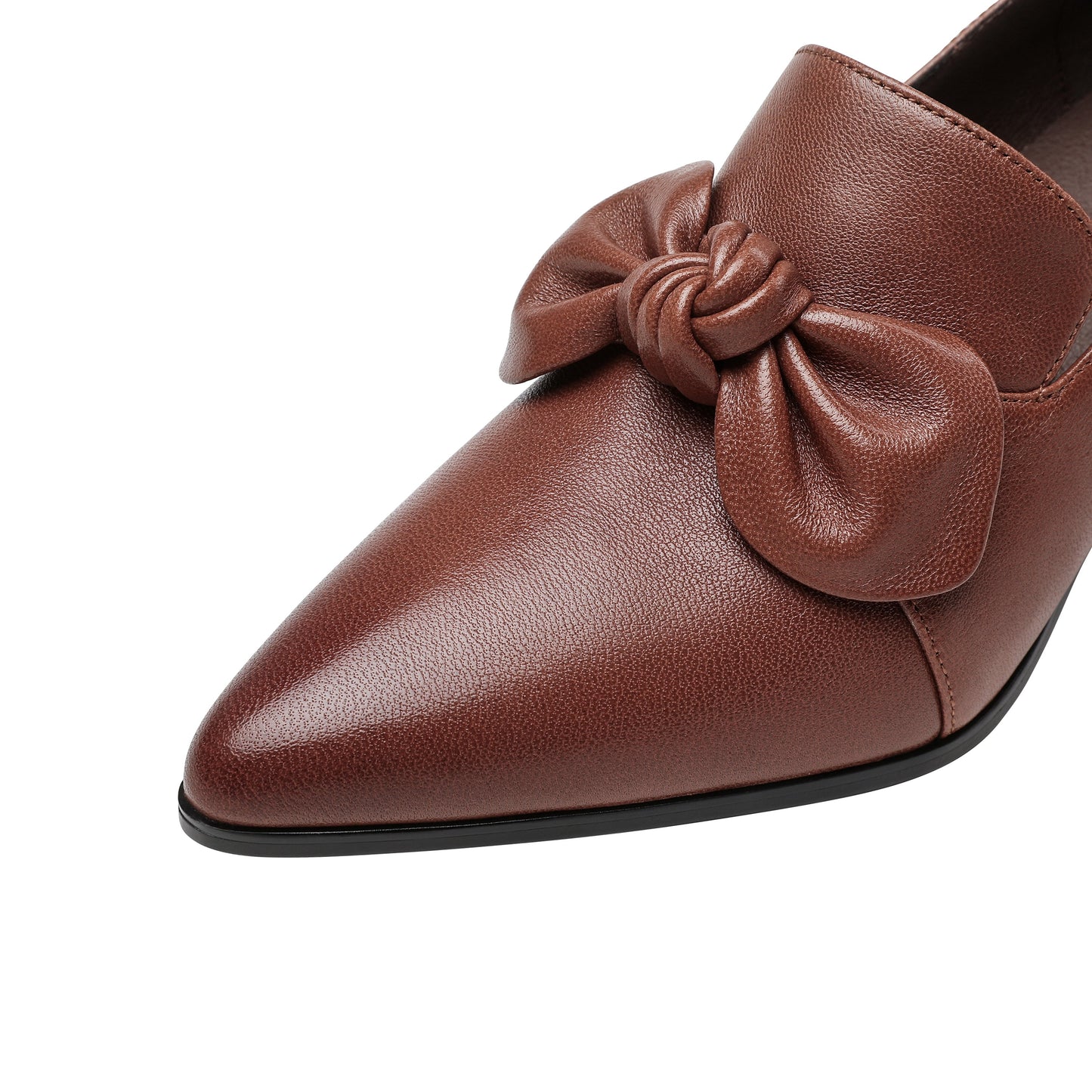 Nine Seven Handmade Women's Genuine Leather Bowknot Slip On Pointed Toe Mid Chunky Heel Pumps Shoes