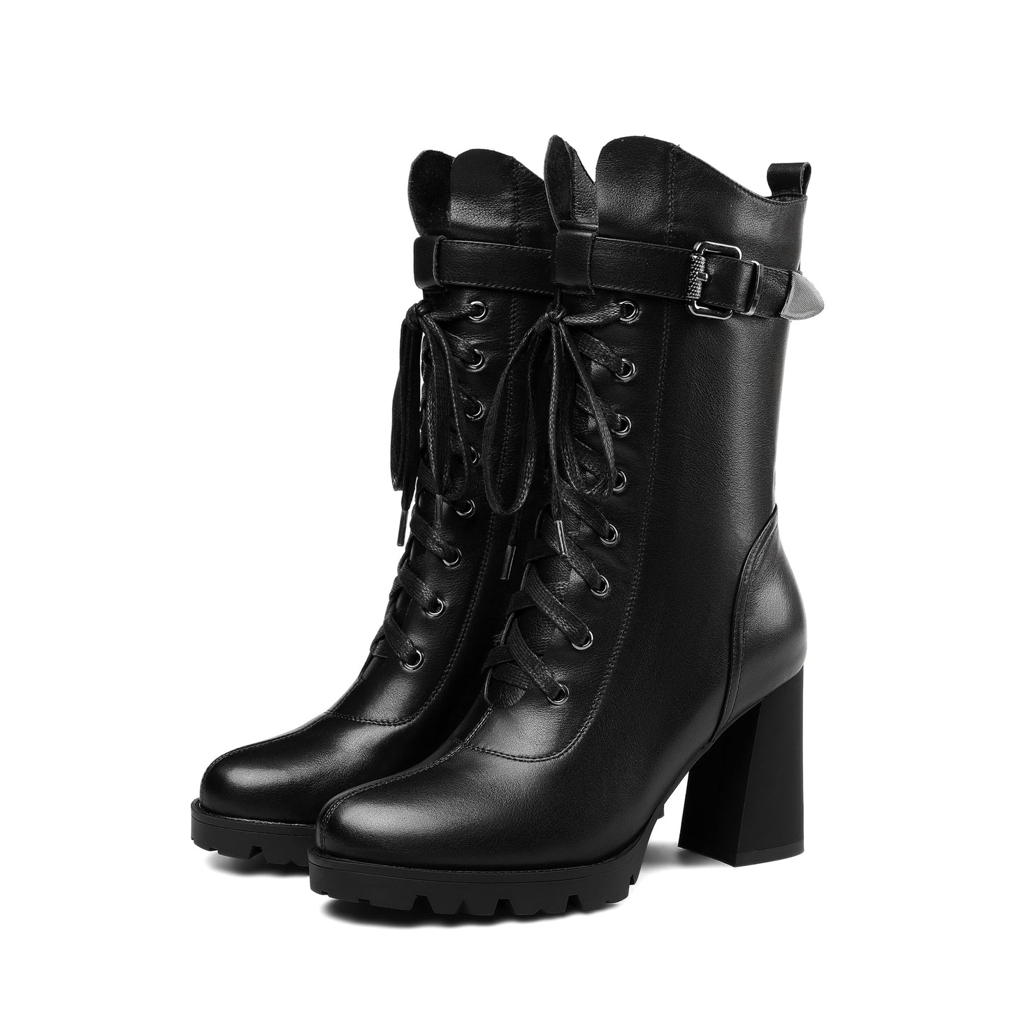 Nine Seven Women's Round Toe Genuine Leather Selftie Zip Up Hnadmade High Chunky Heels Boots with Buckle