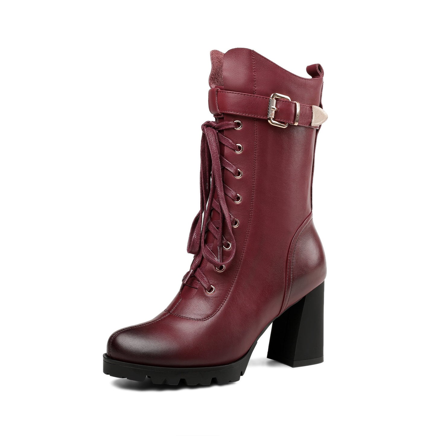 Nine Seven Women's Round Toe Genuine Leather Selftie Zip Up Hnadmade High Chunky Heels Boots with Buckle