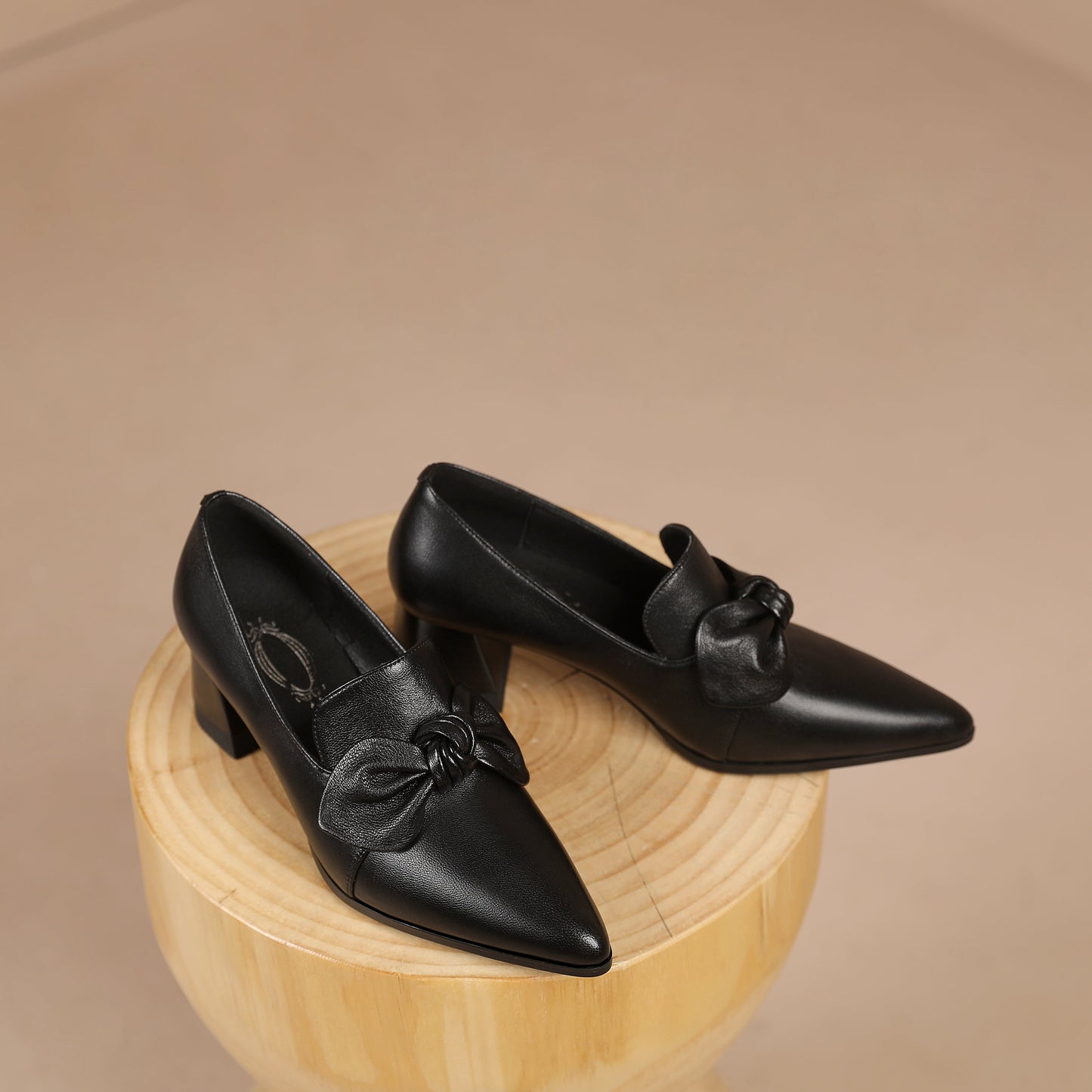 Nine Seven Handmade Women's Genuine Leather Bowknot Slip On Pointed Toe Mid Chunky Heel Pumps Shoes