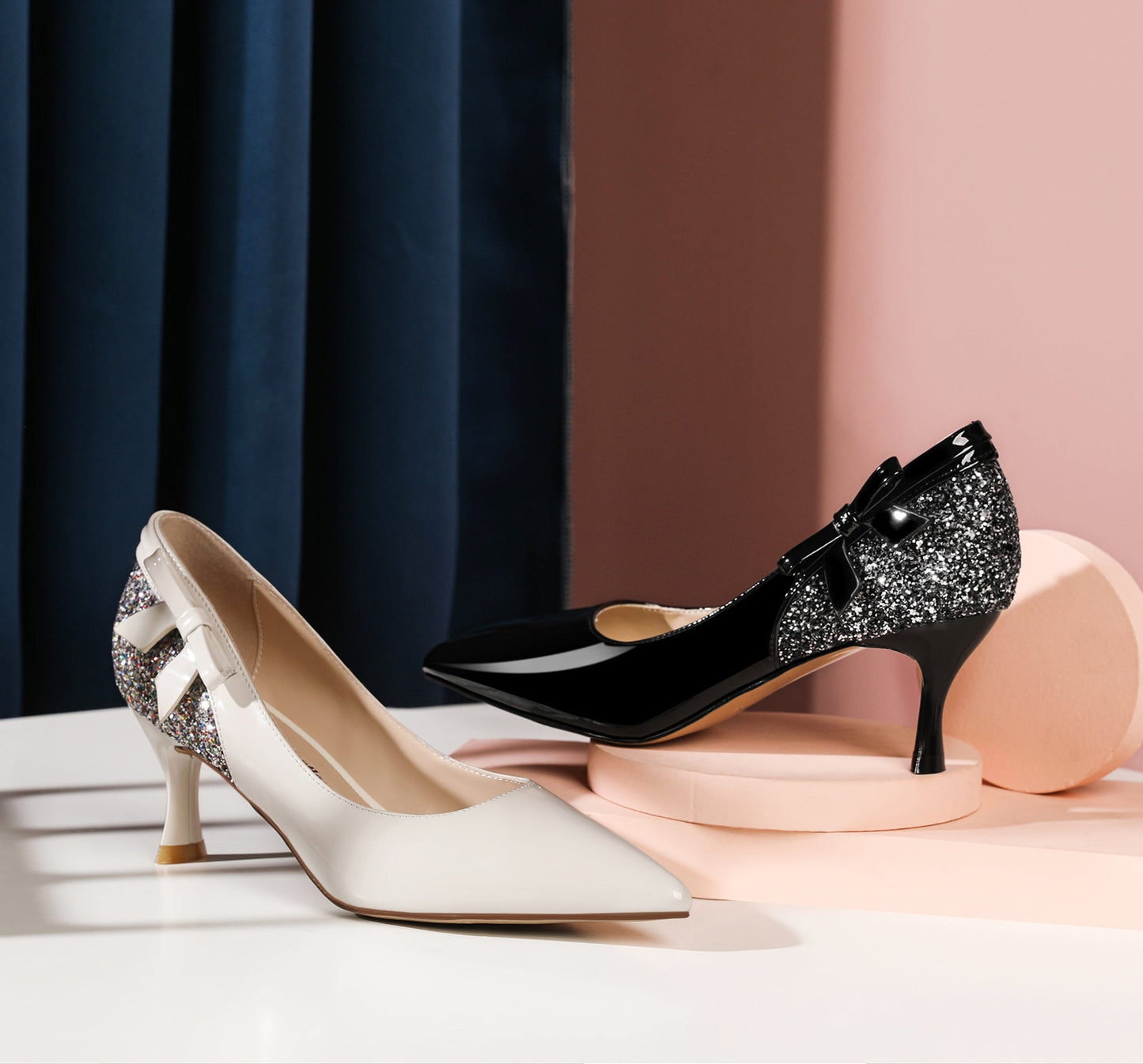 Nine Seven Women's Handmade Glossy Patent Leather Pointed Toe Mid Stiletto Heel Slip On Glitter Pumps with Bowtie