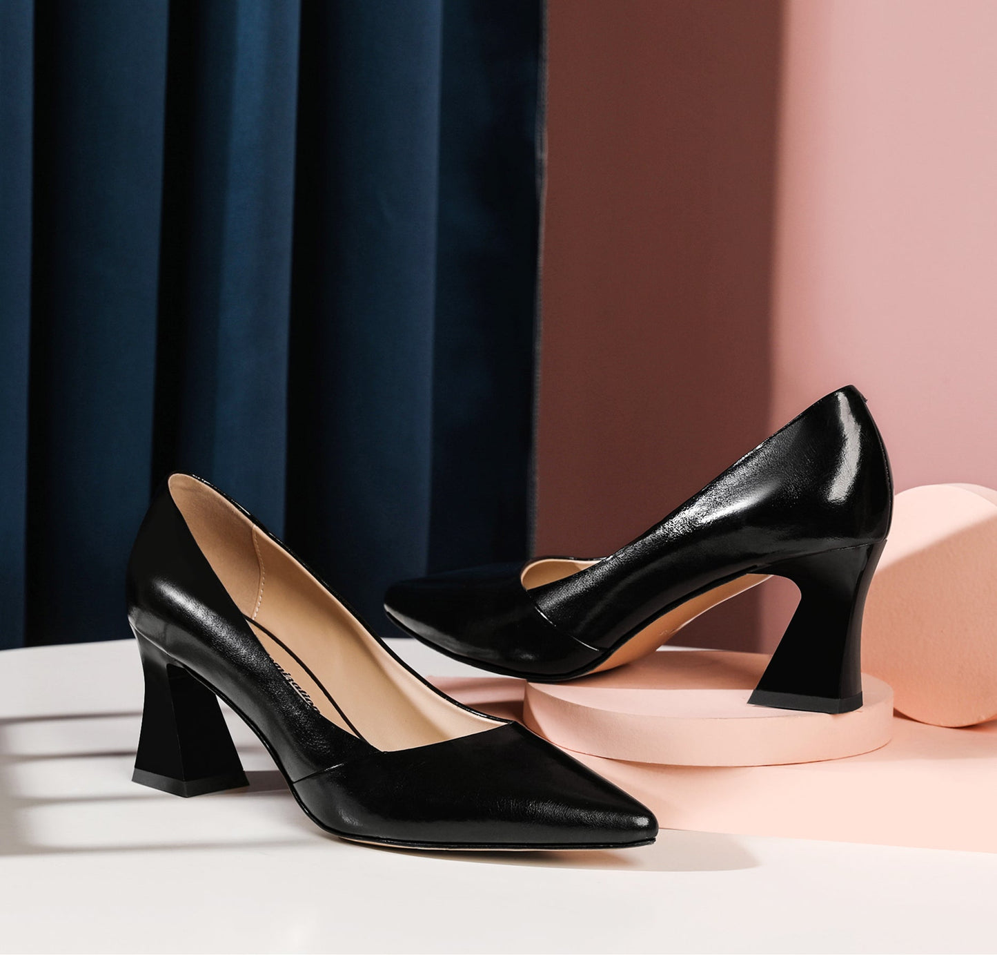 Nine Seven Genuine Leather Women's Handmade Clear Pointed Toe Mid Spool Heel Slip On Elegant Office Pumps