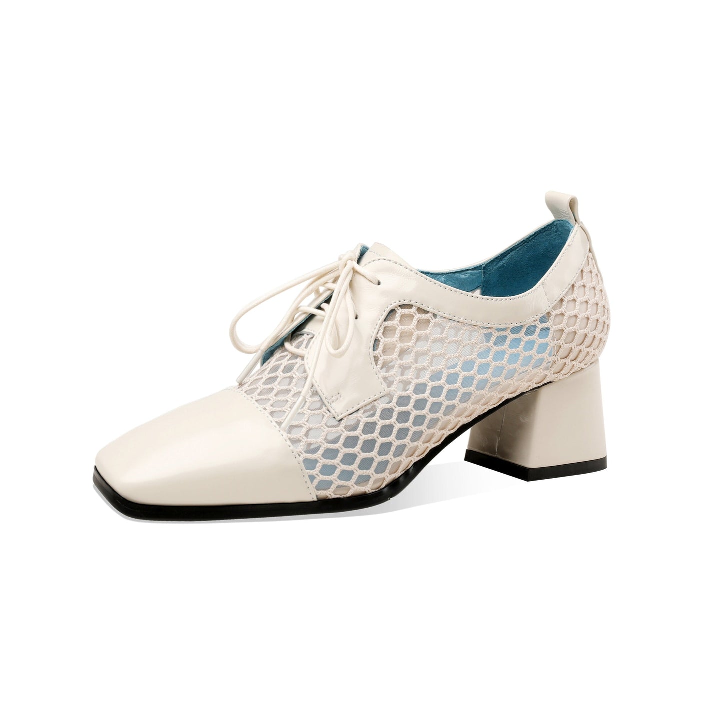 Nine Seven Women's Genuine Leather with Breathable Mesh Square Toe Handmade Lace-Up Low Chunky Heels Pumps Shoes