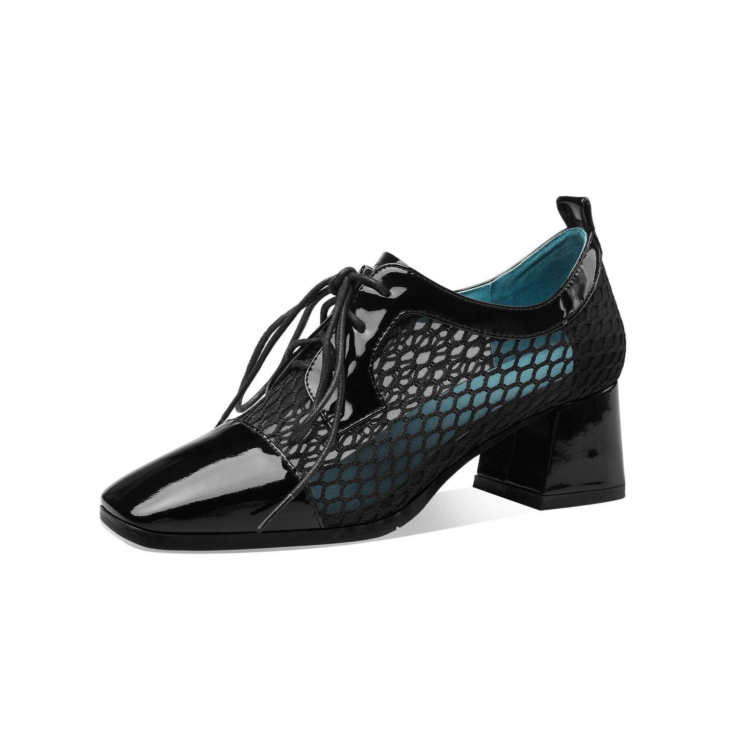 Nine Seven Women's Genuine Leather with Breathable Mesh Square Toe Handmade Lace-Up Low Chunky Heels Pumps Shoes