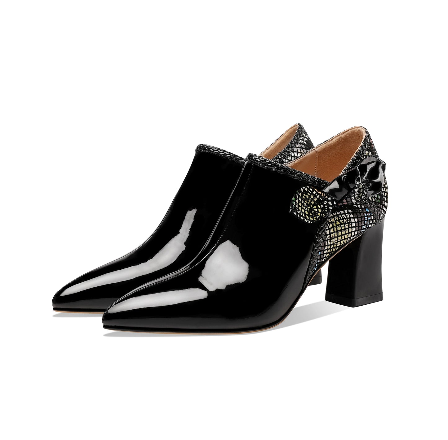 Nine Seven Women's Glossy Patent Leather Handmade Side Zip Up Block Heel Pointed Toe Cute Bow Oxford Pumps with Mesh Pattern