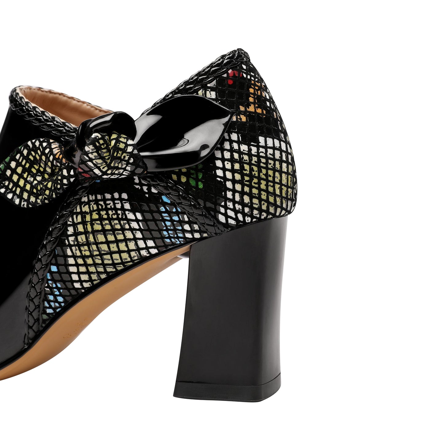 Nine Seven Women's Glossy Patent Leather Handmade Side Zip Up Block Heel Pointed Toe Cute Bow Oxford Pumps with Mesh Pattern