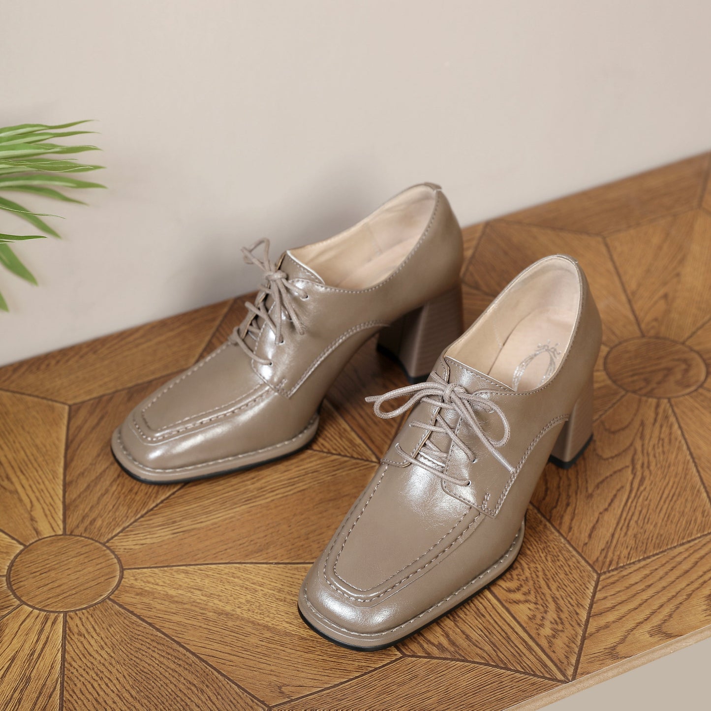 Nine Seven Women's Genuine Leather Handmade Lace Up Mid Chunky Heels Stylish Pumps Shoes