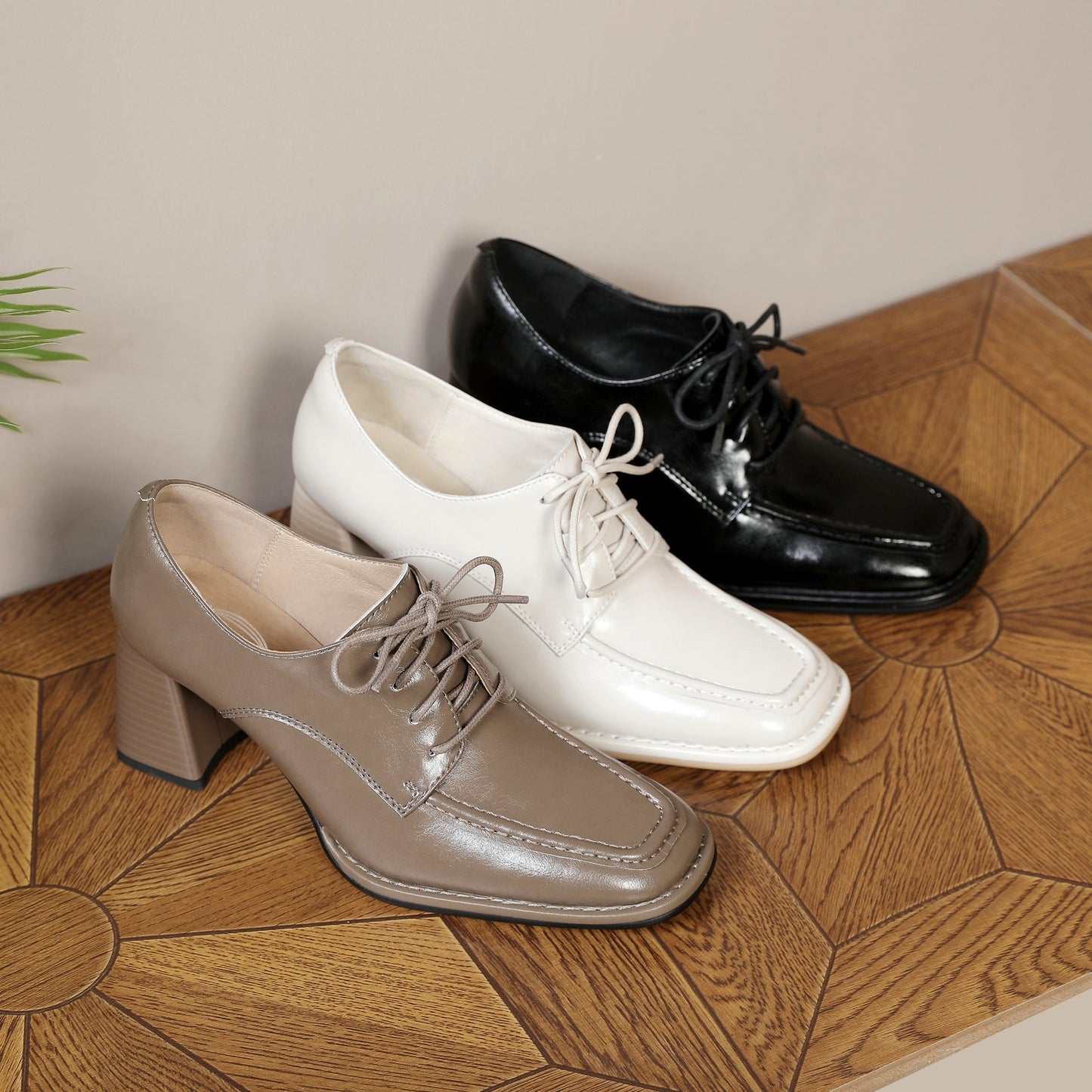 Nine Seven Women's Genuine Leather Handmade Lace Up Mid Chunky Heels Stylish Pumps Shoes