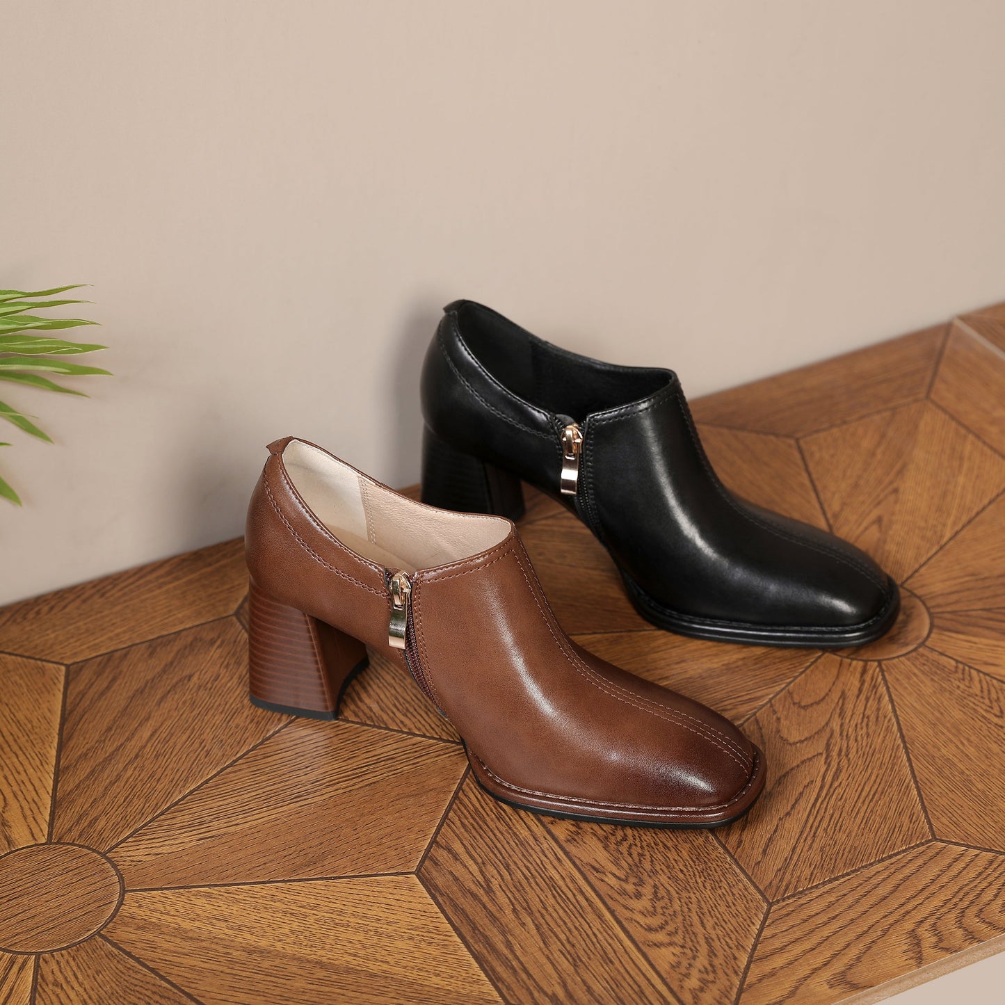 Nine Seven Women's Square Toe Genuine Leather Handmade Side Zipper Mid Chunky Heel Retro Pumps Shoes