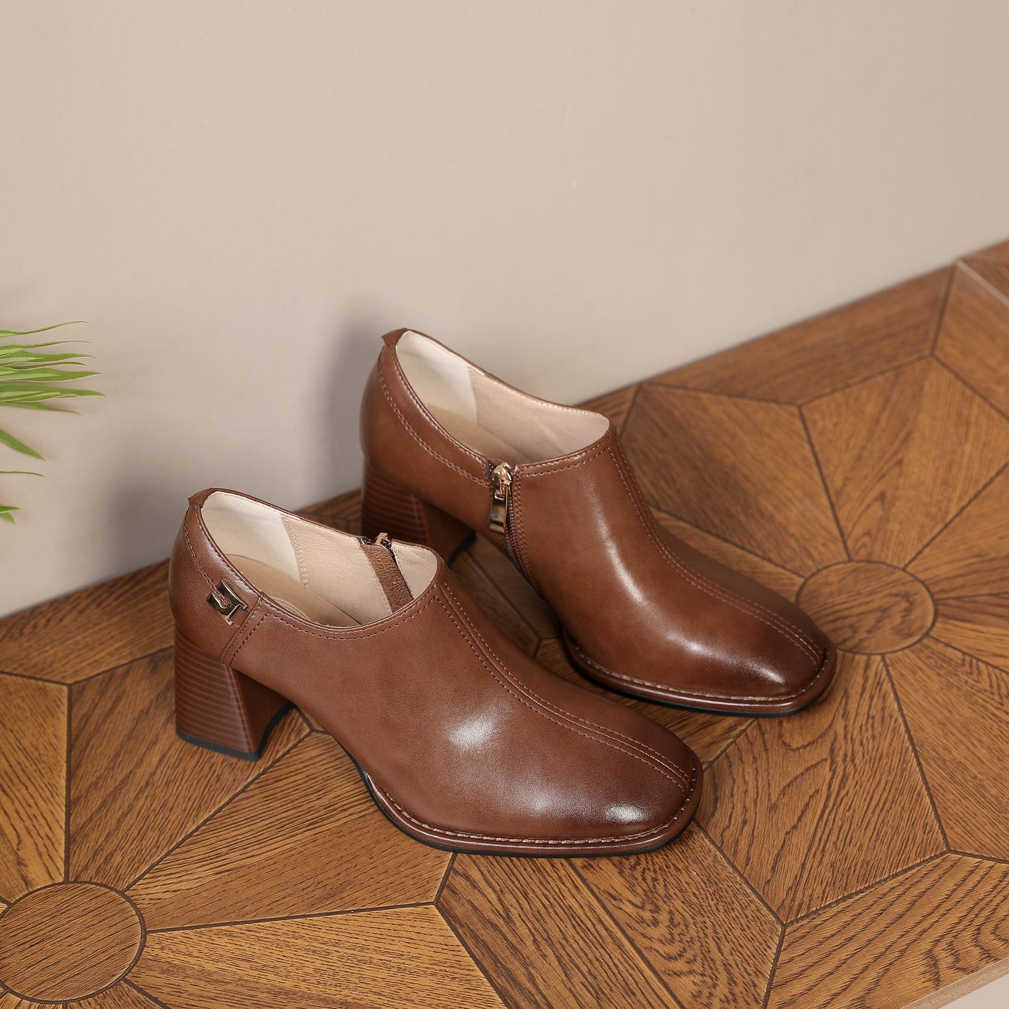 Nine Seven Women's Square Toe Genuine Leather Handmade Side Zipper Mid Chunky Heel Retro Pumps Shoes