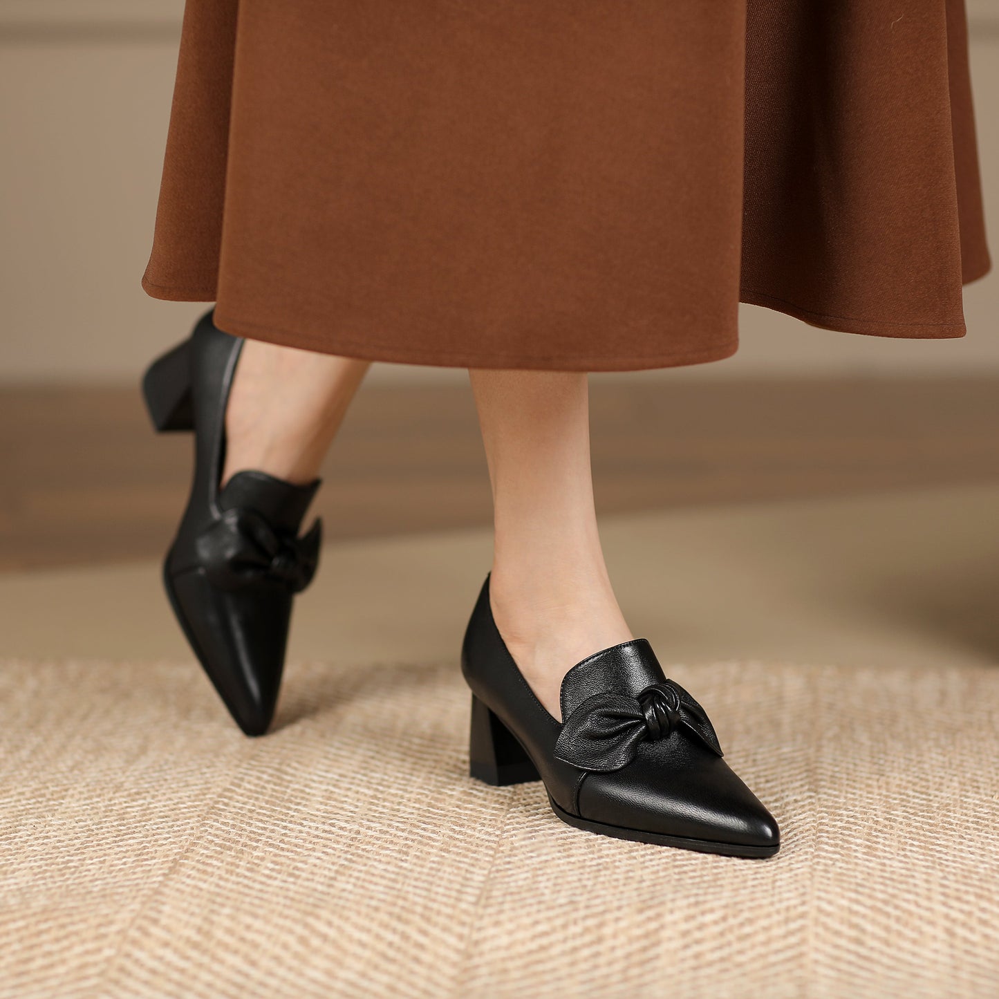 Nine Seven Handmade Women's Genuine Leather Bowknot Slip On Pointed Toe Mid Chunky Heel Pumps Shoes