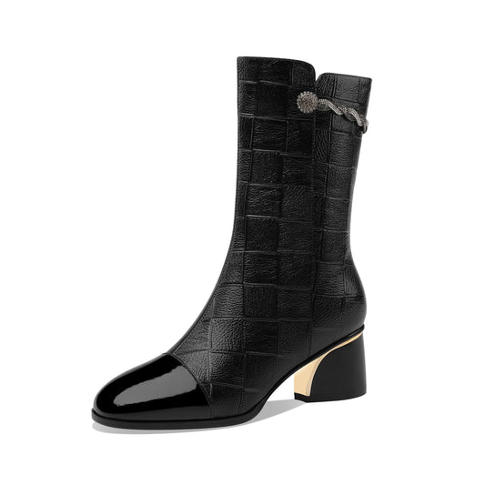 Nine Seven Women's Handmade Leather Side Zip Up Rhinestone Decor Chunky Heel Mid-Calf Boots with Glossy Cap-Toe