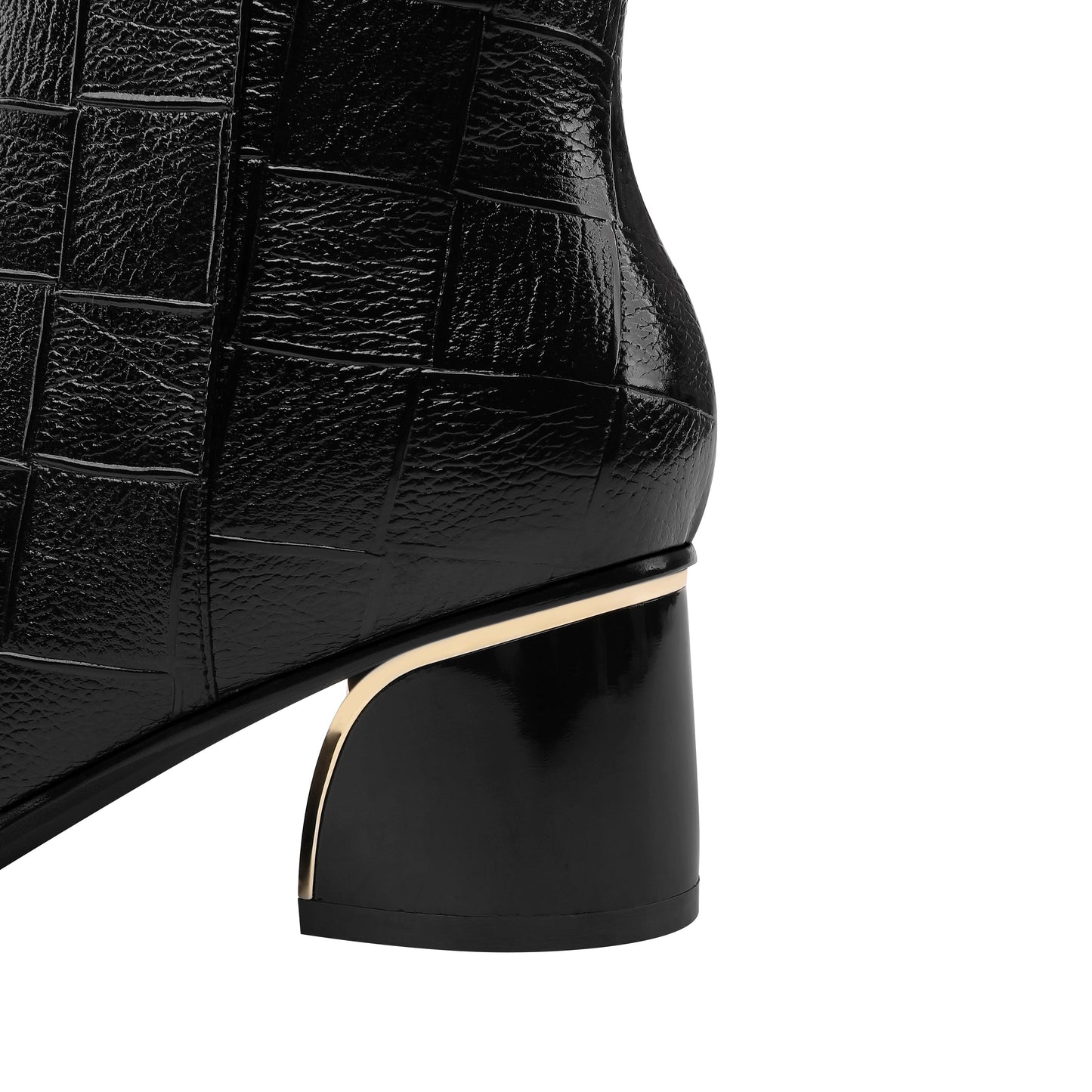 Nine Seven Women's Handmade Leather Side Zip Up Rhinestone Decor Chunky Heel Mid-Calf Boots with Glossy Cap-Toe