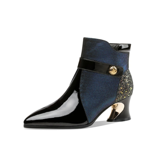 Nine Seven Handmade Women's Glossy Genuine Leather Sexy Stitching Color Side Zipper Pointed Toe Low Chunky Ankle Boots