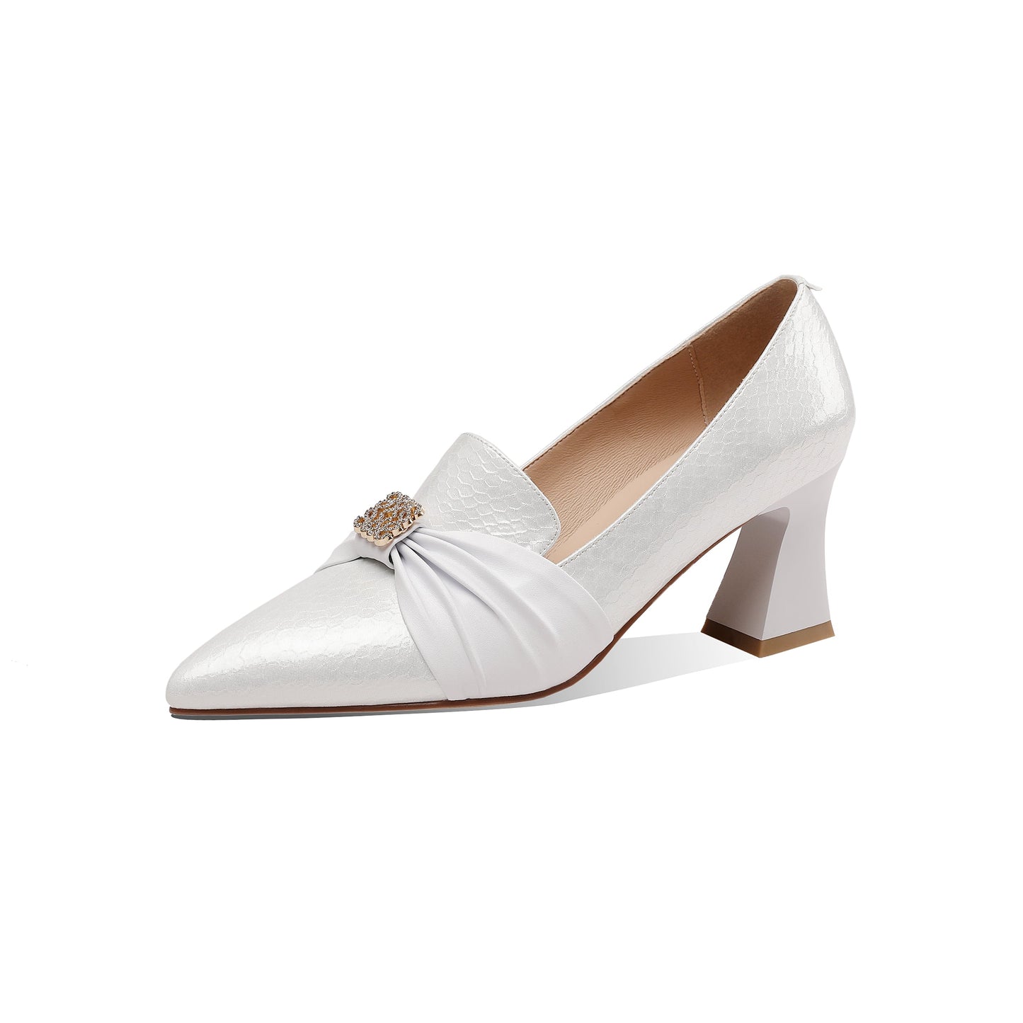 Nine Seven Women's Genuine Leather Handmade Pointy Toe Elegant Spool Heel Rhinestone Pattern Pumps Shoes