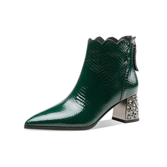 Nine Seven Handmade Women's Patent Leather Front Zipper Pointed Toe Mid Rhinestones Chunky Heel Ankle Boots