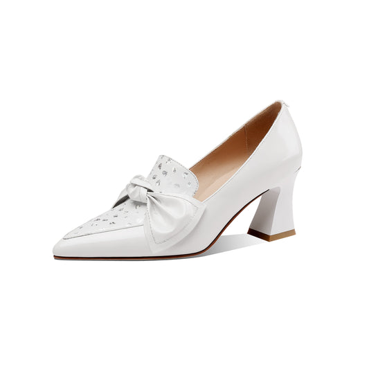 Nine Seven Glossy Patent Leather Women's Handmade Pointed Toe Dots Decor Spool Heel Pumps with Bowknot