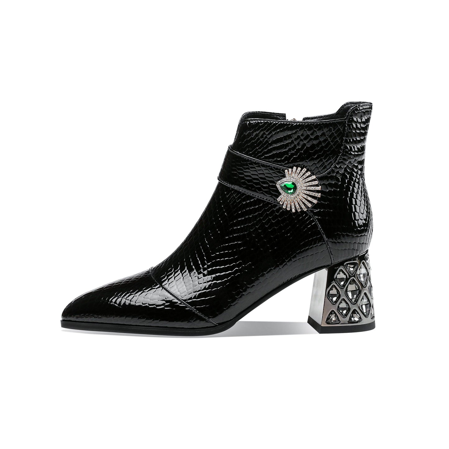 Nine Seven Handmade Women's Patent Leather Side Zipper Pointed Toe Mid Rhinestones Chunky Heel Ankle Boots