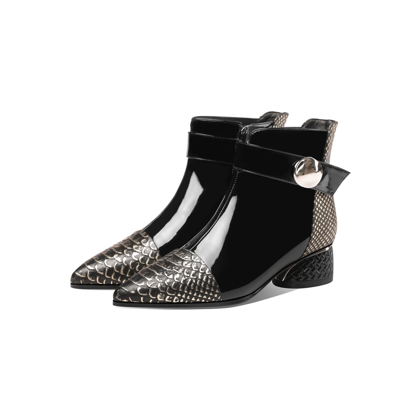 Nine Seven Women's Handmade Patent Leather Chunky Heel Side Zip Up Pointed Toe Belt Design Ankle Dress Booties