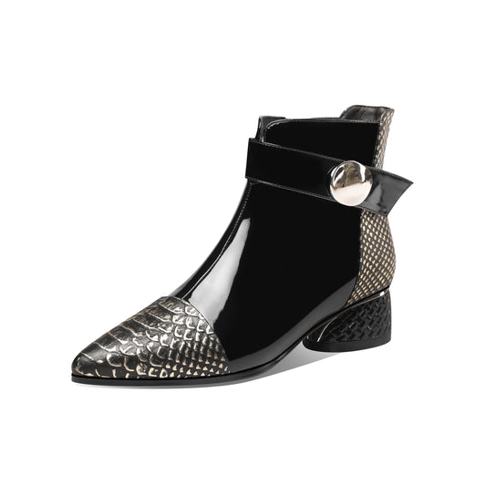 Nine Seven Women's Handmade Patent Leather Chunky Heel Side Zip Up Pointed Toe Belt Design Ankle Dress Booties