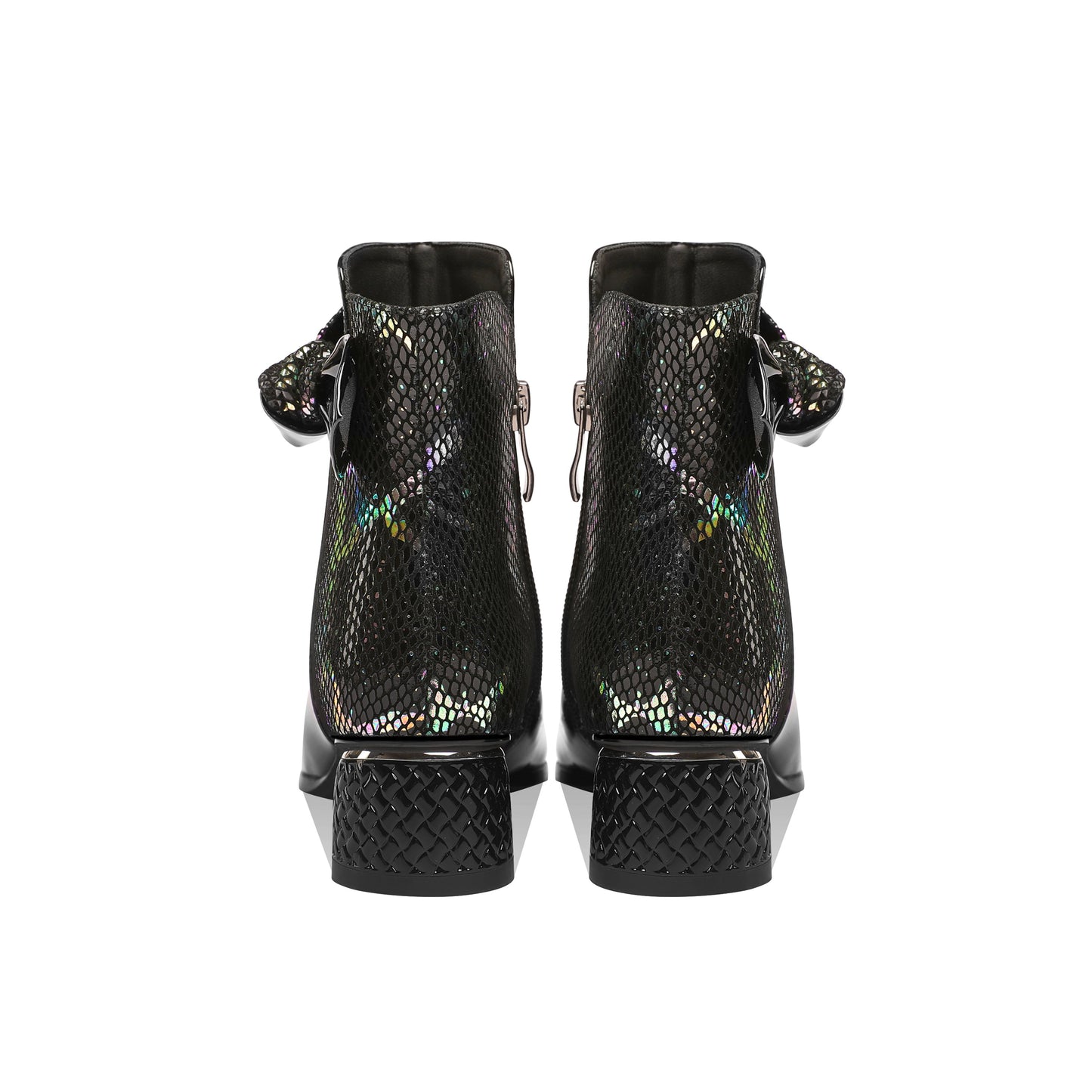 Nine Seven Women's Handmade Glossy Patent Leather Side Zip Up Block Heel Mesh Hollow Bowknot Design Ankle Booties