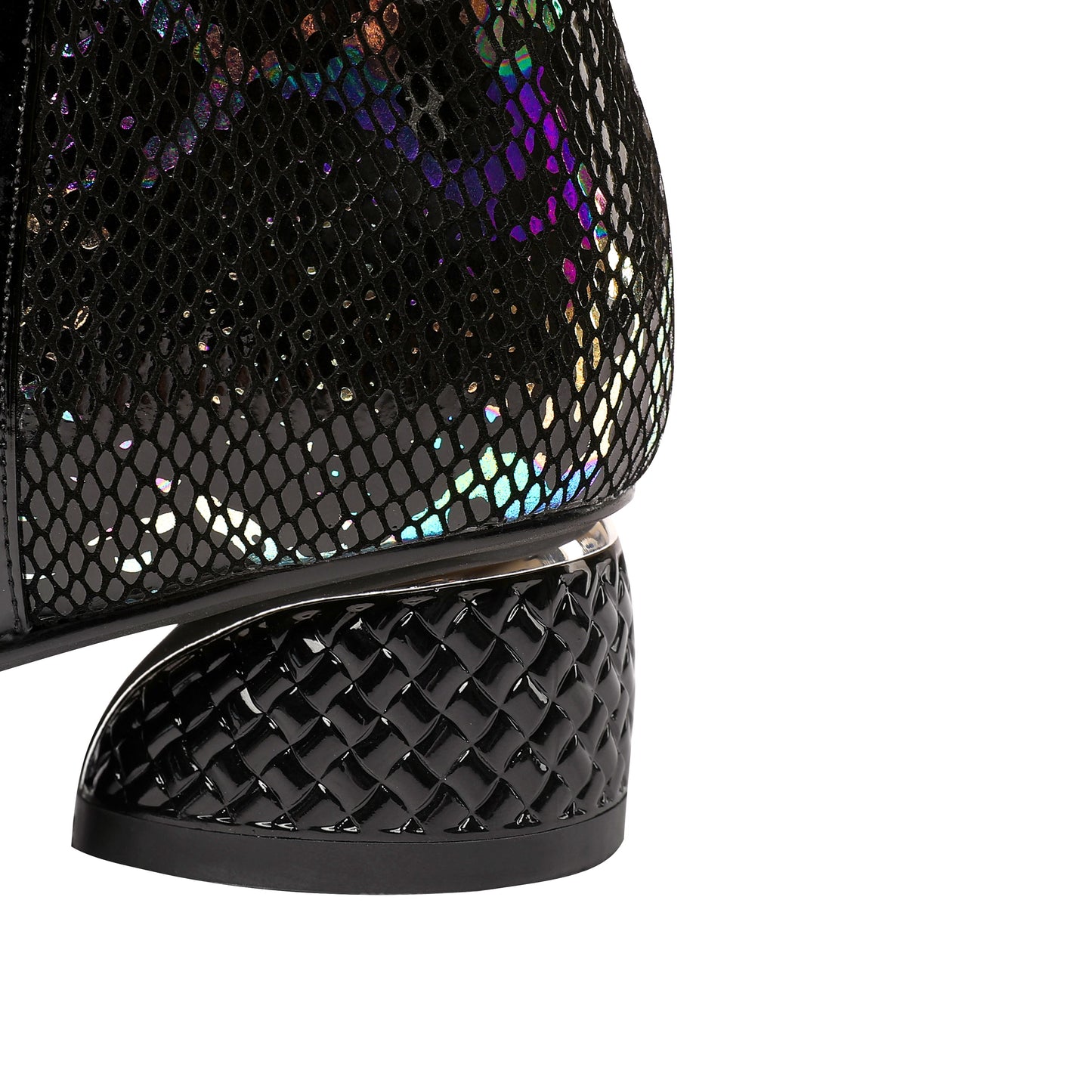 Nine Seven Women's Handmade Glossy Patent Leather Side Zip Up Block Heel Mesh Hollow Bowknot Design Ankle Booties