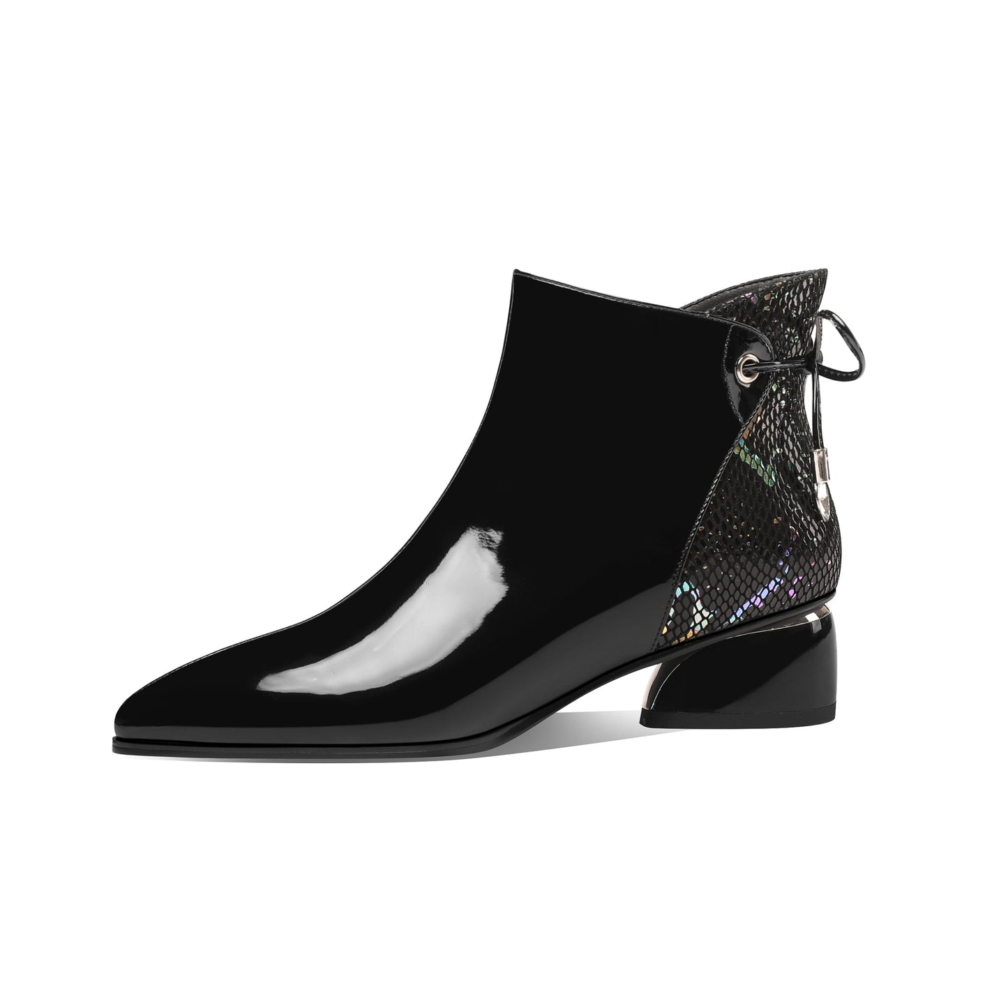 Nine Seven Patent Leather Women's Handmade Comfortable Block Heel Side Zip Up Pointed Toe Cute Bowtie Ankle Booties