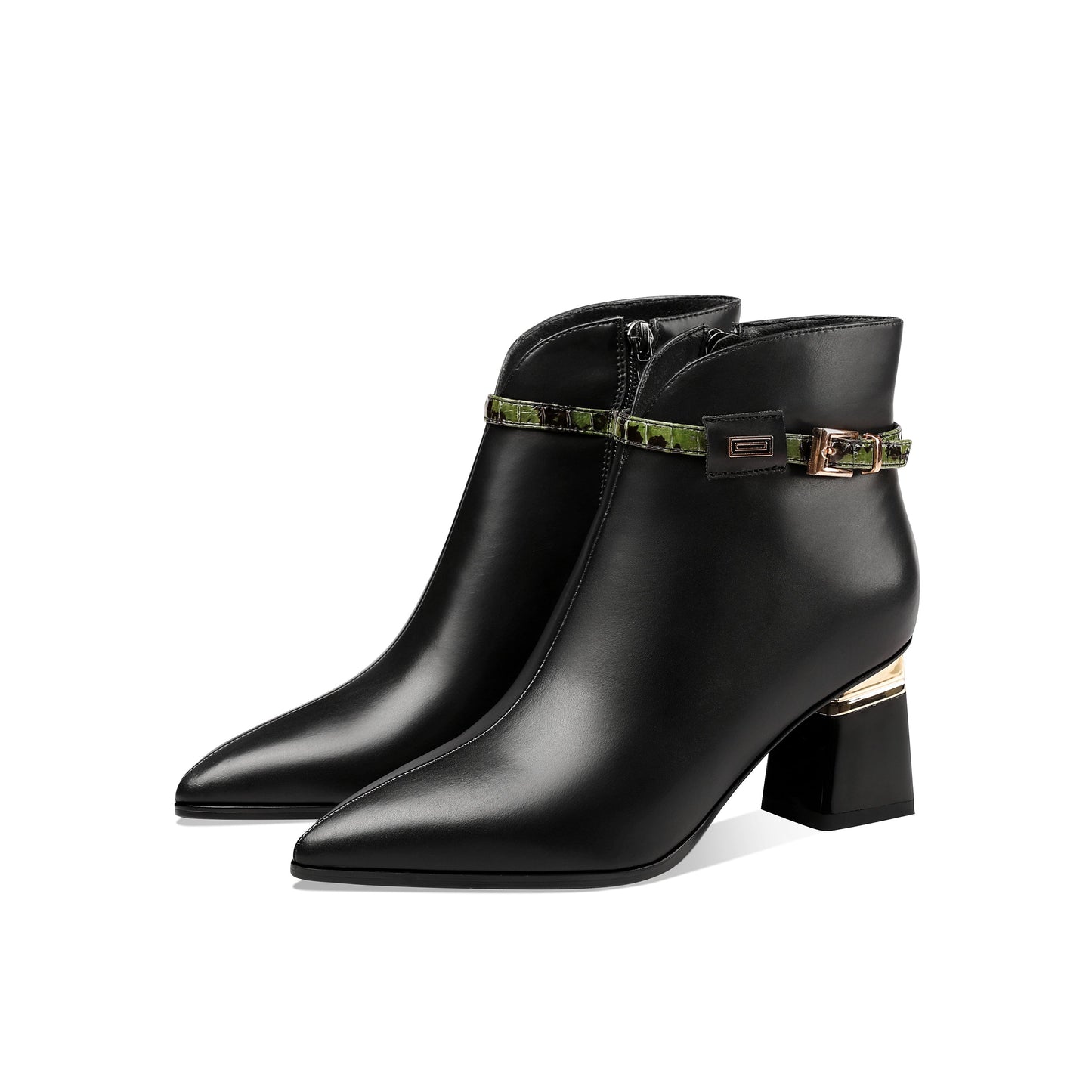 Nine Seven Genuine Leather Women's Handmade Side Zip Up Green Belt Design Chunky Heel Black Ankle Booties