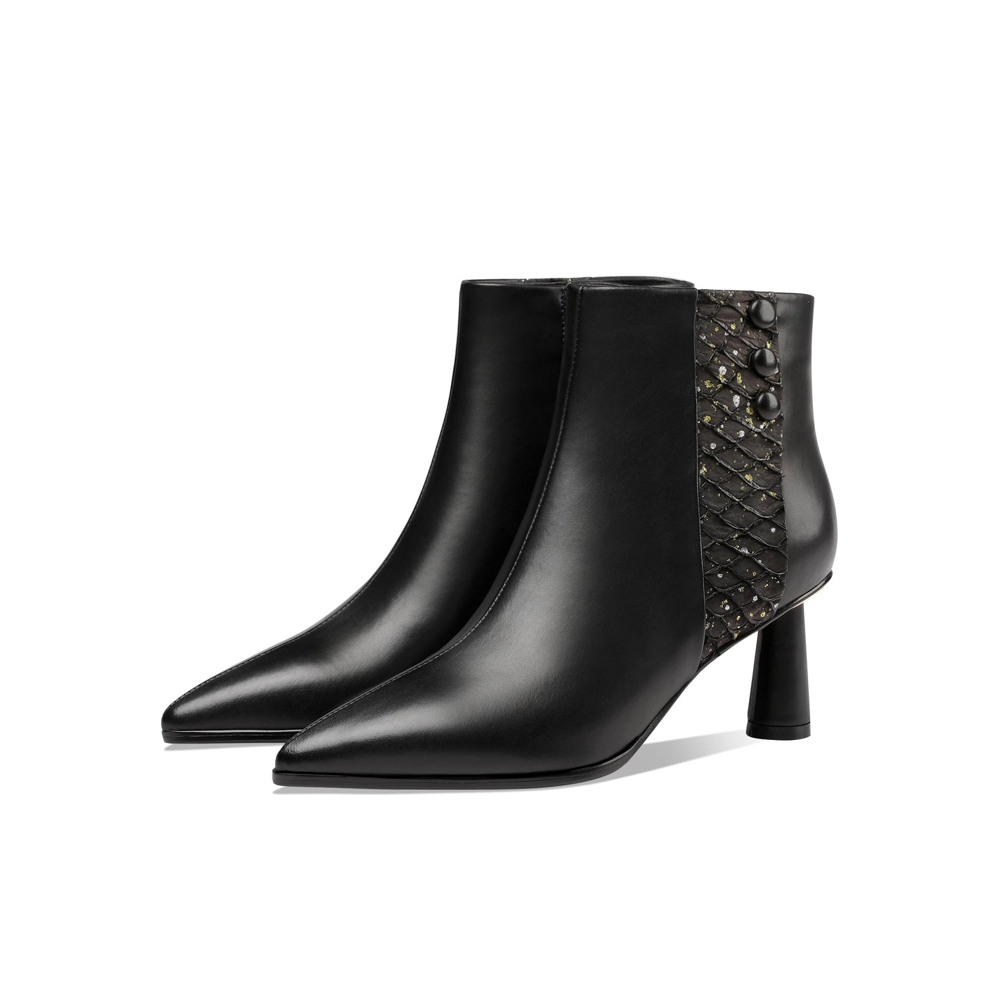 Nine Seven Women's Genuine Leather Handmade Side Zip Up Elegant Cone Heel Button Decor Black Ankle Boots