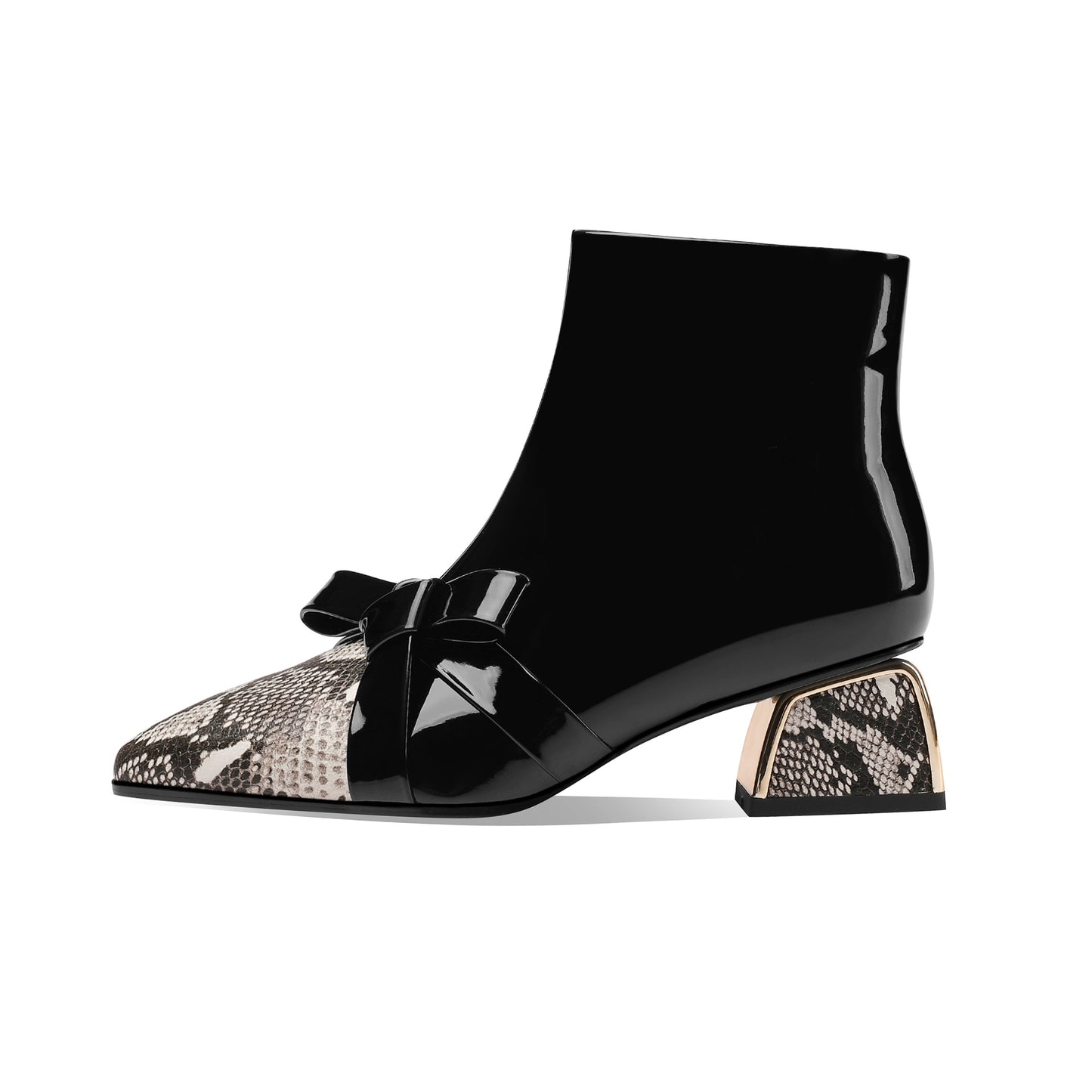 Nine Seven Women's Handmade Glossy Patent Leather Side Zip Up Comfort Chunky Heel Bowknot Design Snakeskin Ankle Booties