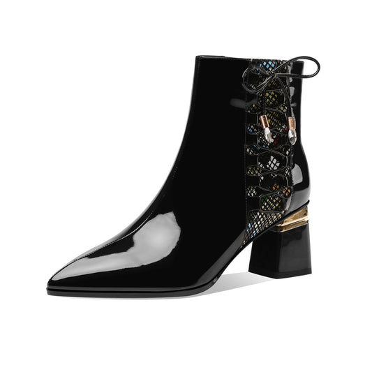 Nine Seven Women's Handmade Patent Leather Side Zip Up Cute Bowtie Chunky Heel Black Ankle Boots