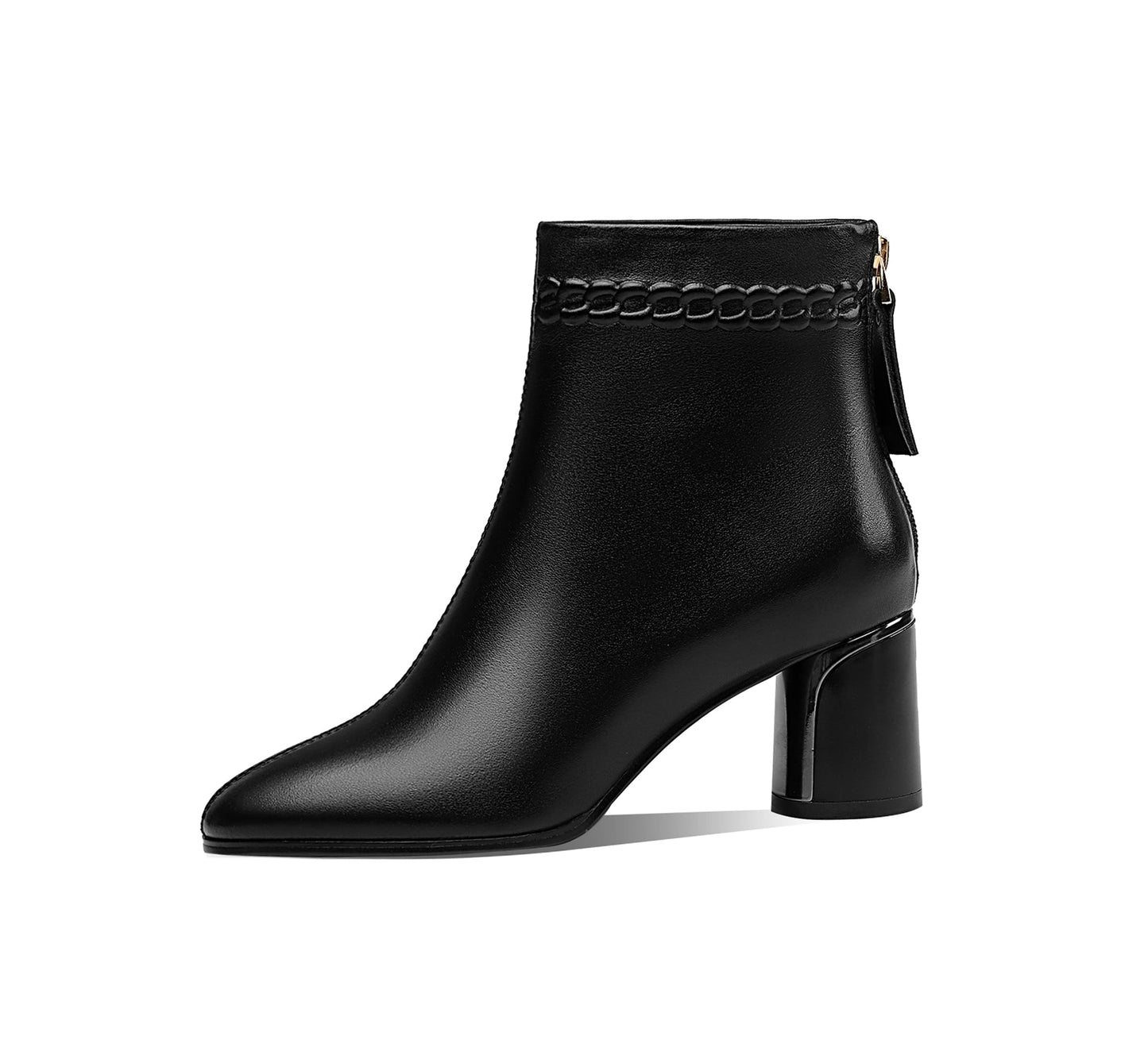 Nine Seven Handmade Women's Genuine Leather Pointed Toe Back Zipper Mid Chunky Heel Ankle Boots