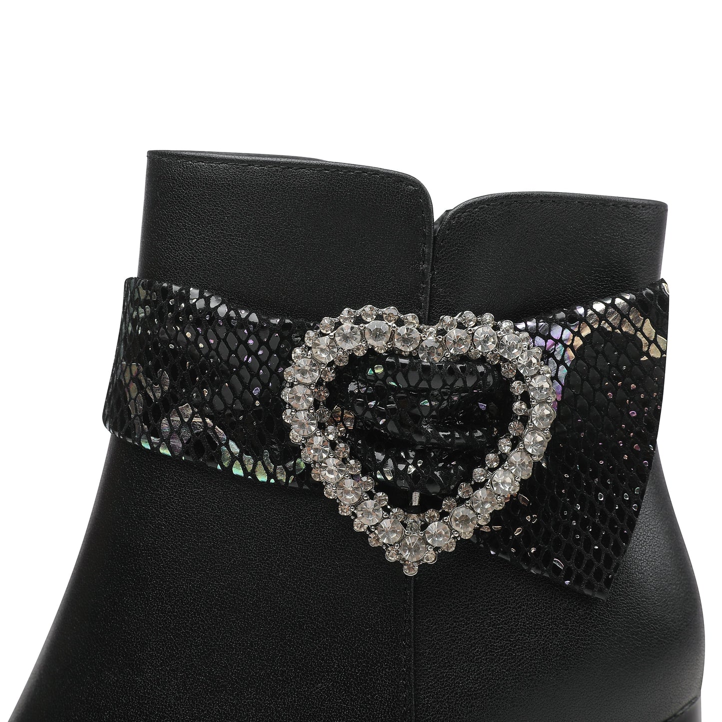Nine Seven Handmade Women's Genuine Leather Rhinestone Heart Décor Pointed Toe Mid Chunky Heel Side Zipper Ankle Boots