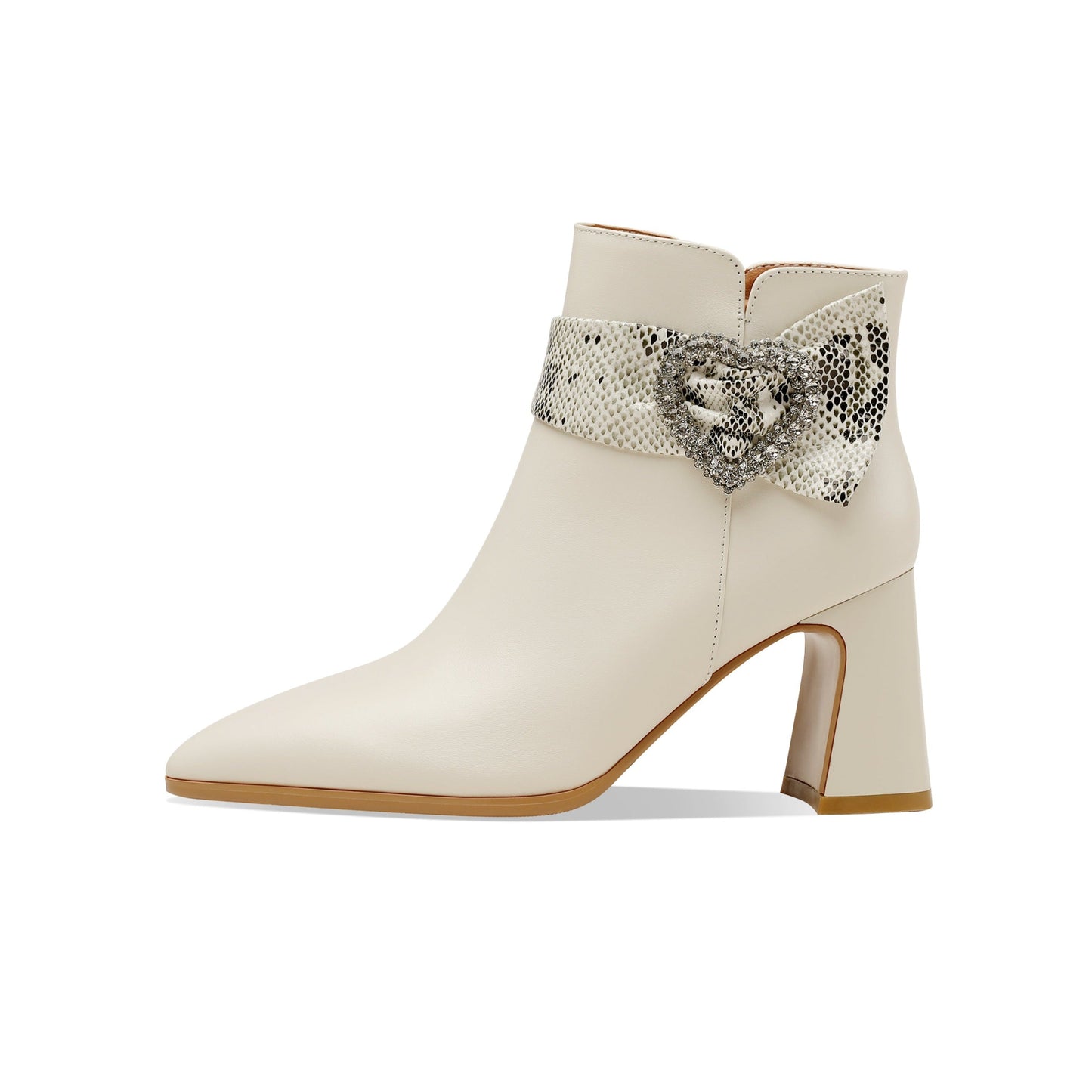 Nine Seven Handmade Women's Genuine Leather Rhinestone Heart Décor Pointed Toe Mid Chunky Heel Side Zipper Ankle Boots