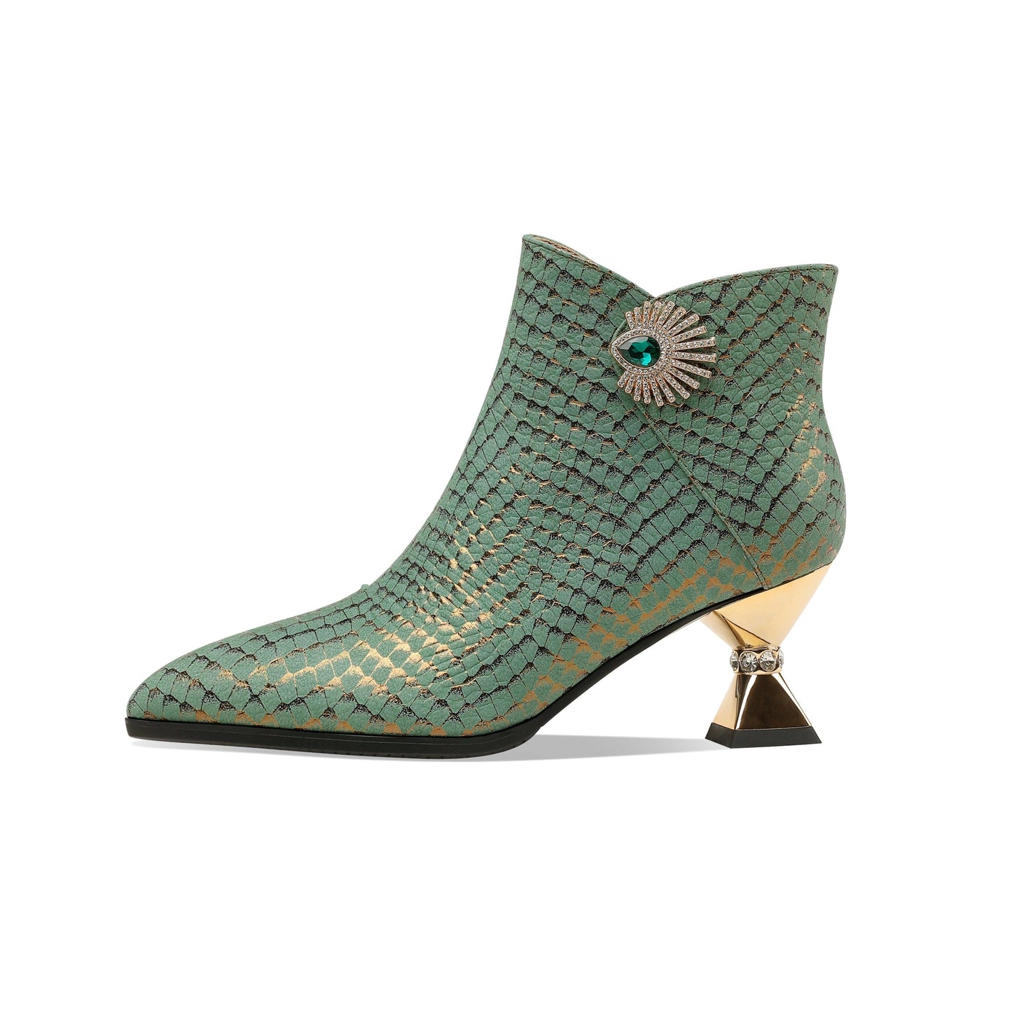 Nine Seven Handmade Women's Genuine Leather Sexy Rhinestones Printed Side Zipper Pointed Toe Mid Spool Heel Ankle Boots