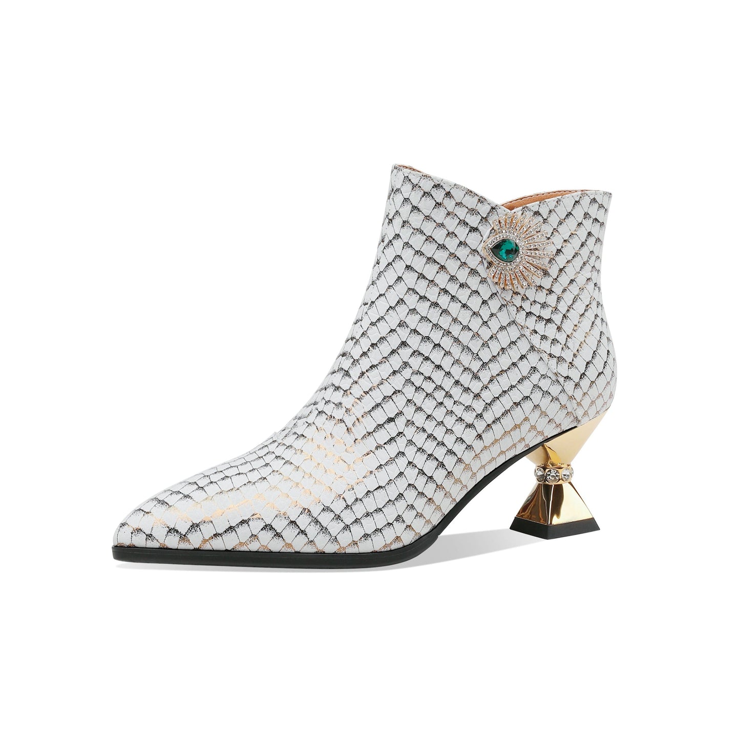 Nine Seven Handmade Women's Genuine Leather Sexy Rhinestones Printed Side Zipper Pointed Toe Mid Spool Heel Ankle Boots