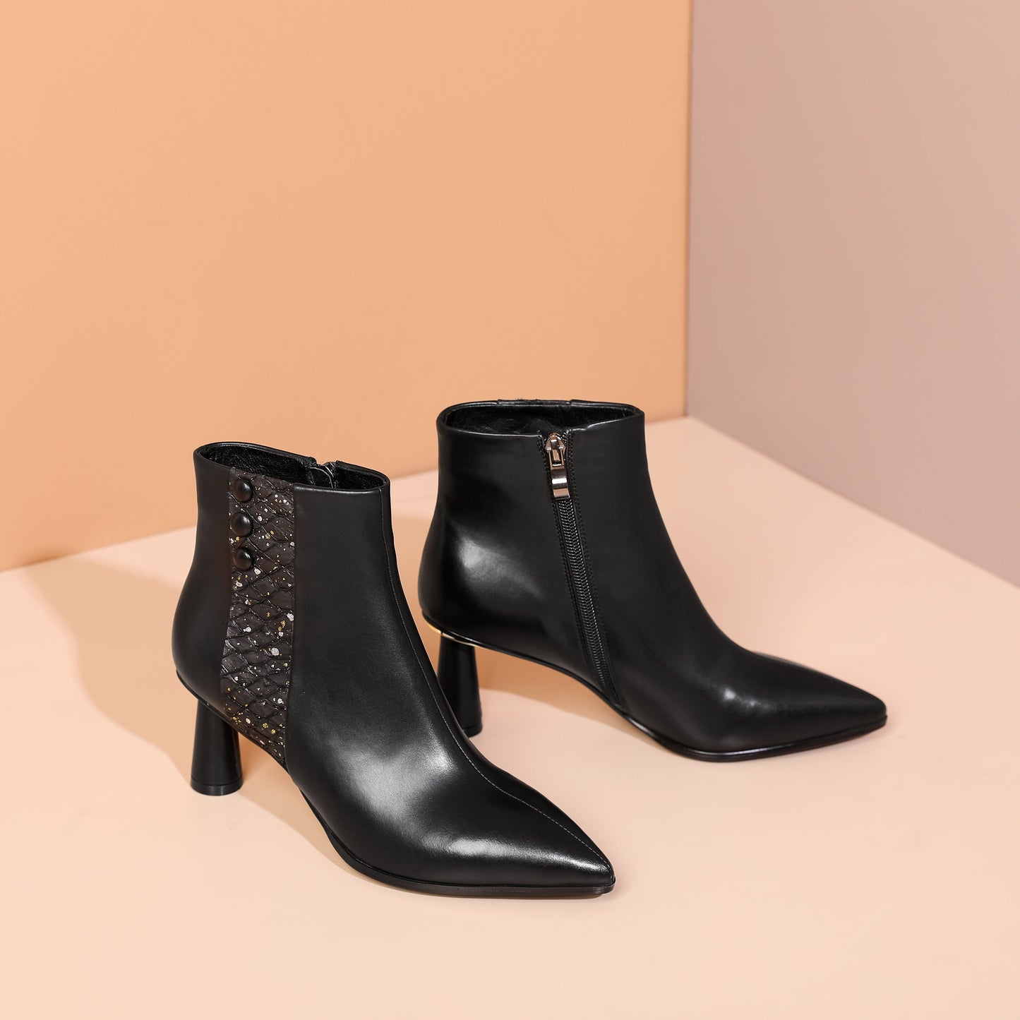 Nine Seven Women's Genuine Leather Handmade Side Zip Up Elegant Cone Heel Button Decor Black Ankle Boots