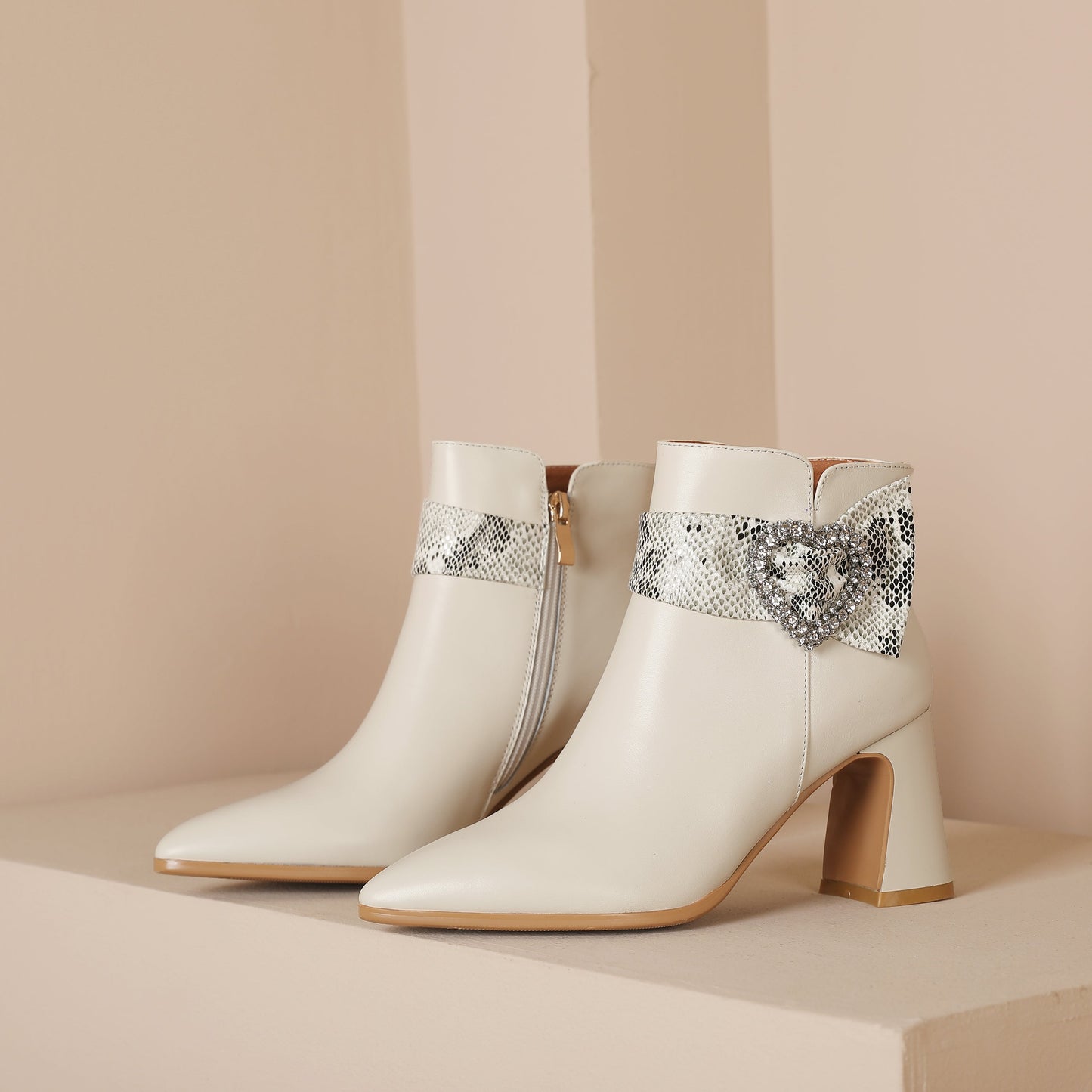 Nine Seven Handmade Women's Genuine Leather Rhinestone Heart Décor Pointed Toe Mid Chunky Heel Side Zipper Ankle Boots