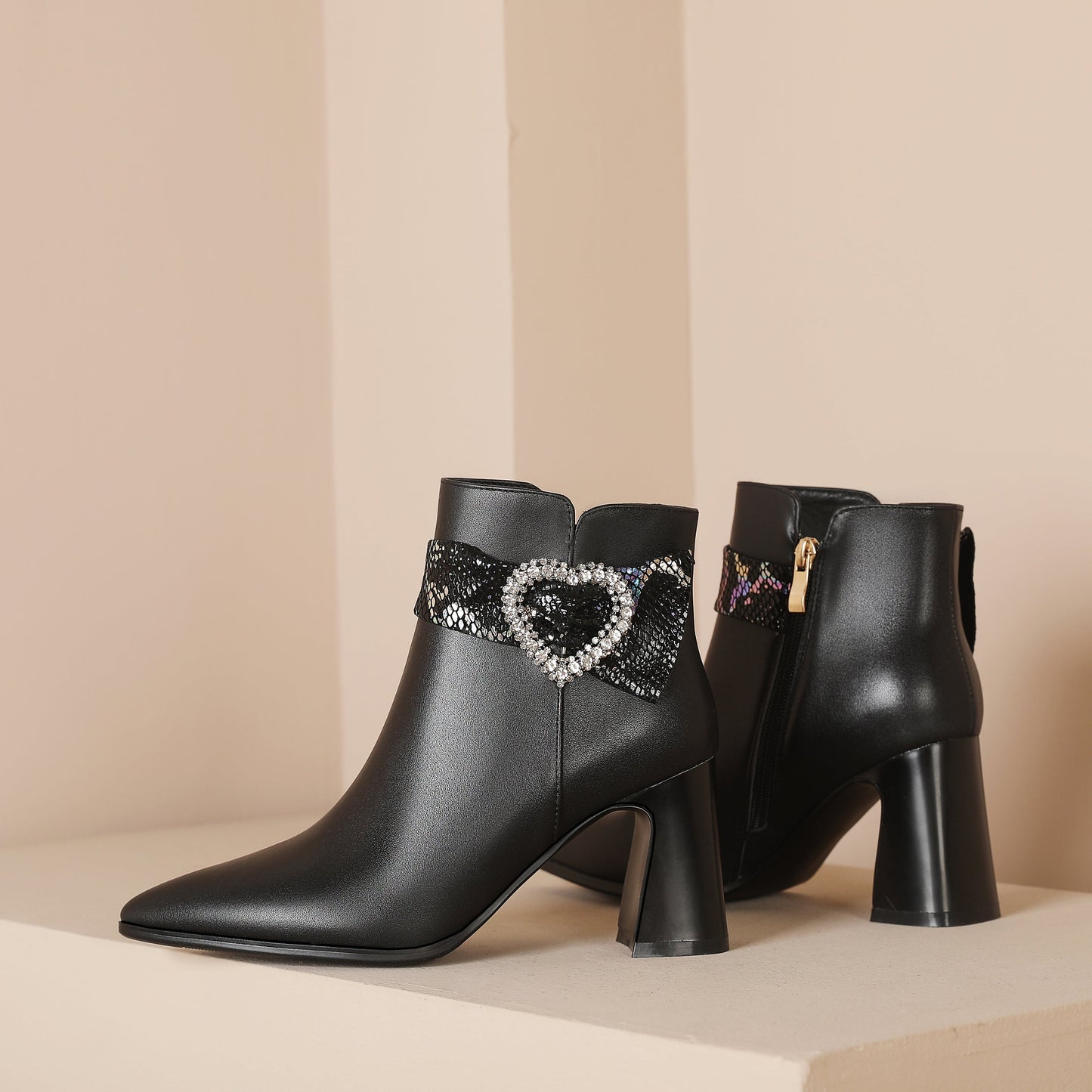 Nine Seven Handmade Women's Genuine Leather Rhinestone Heart Décor Pointed Toe Mid Chunky Heel Side Zipper Ankle Boots