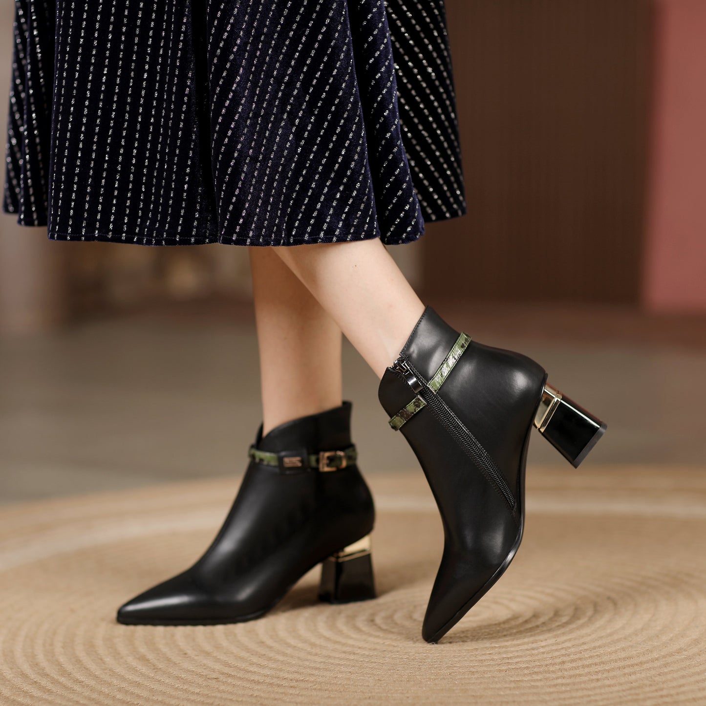 Nine Seven Genuine Leather Women's Handmade Side Zip Up Green Belt Design Chunky Heel Black Ankle Booties