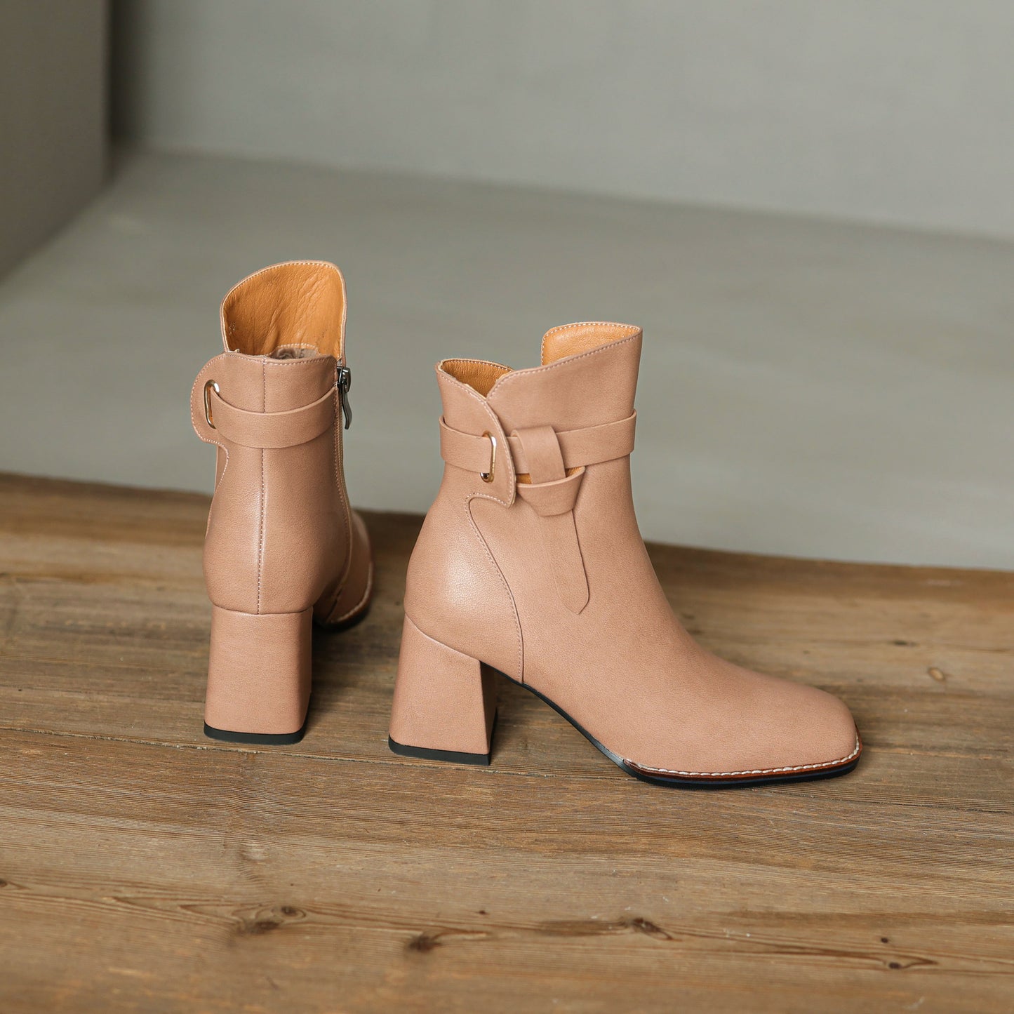 Nine Seven Women's Genuine Leather Handmade Buckle Belt Side Zip Up Square Toe Mid Block Heel Ankle Boots