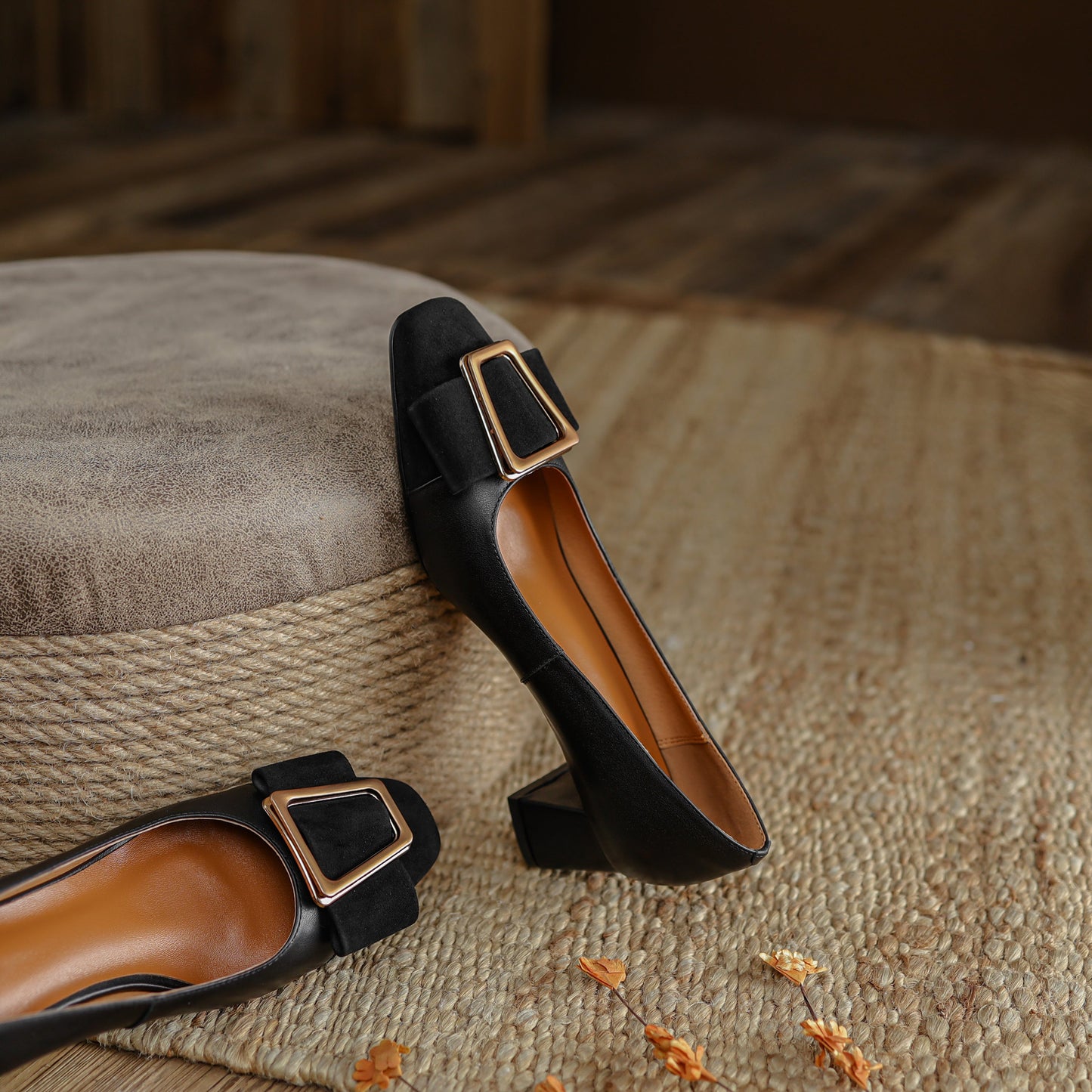 Nine Seven Women's Handmade Genuine Leather Chunky Heel Suede Square Toe Pumps Shoes