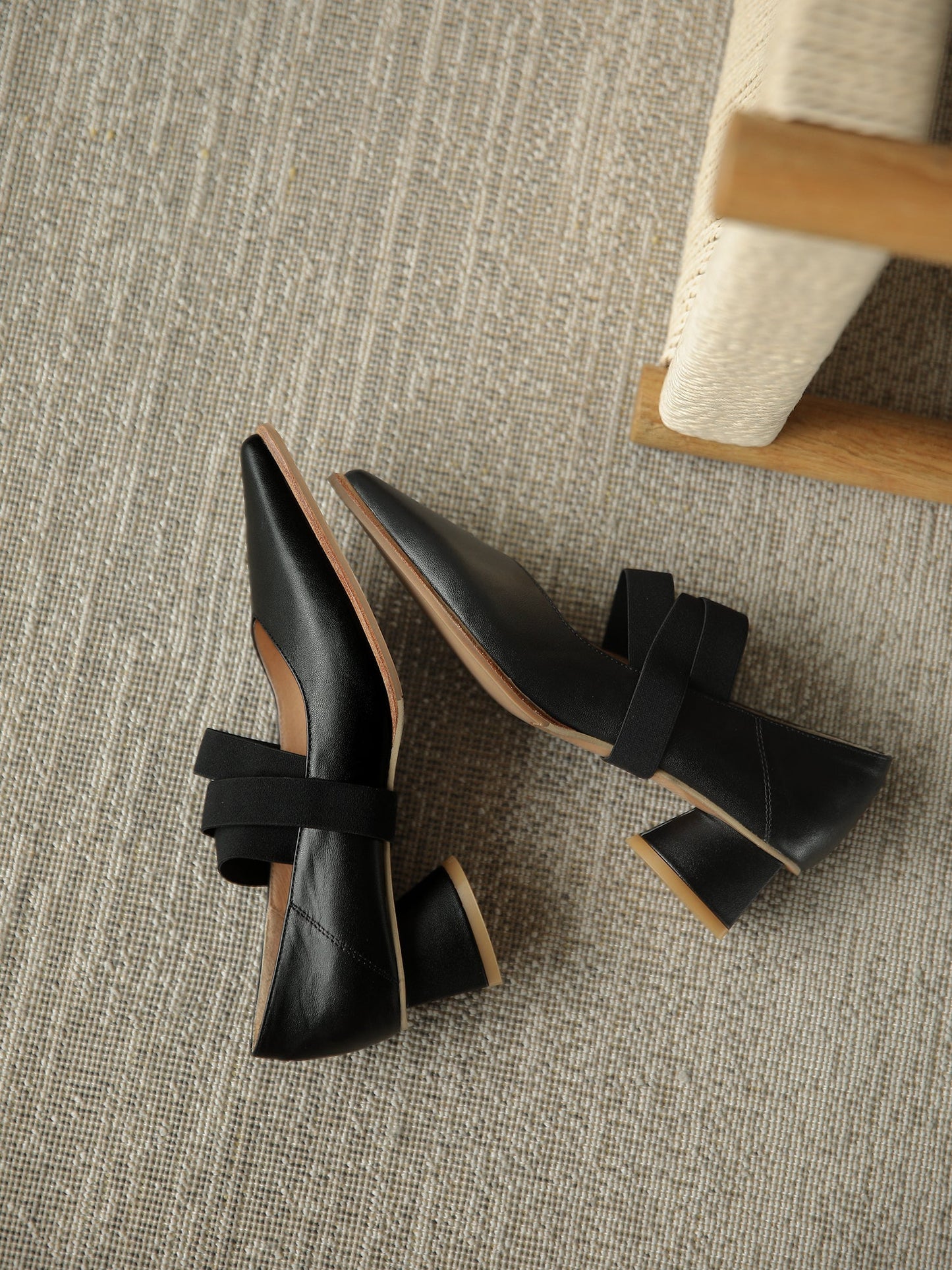 Nine Seven Women's Genuine Leather Pointed Toe Handmade Elastic Band Low Chunky Heel Comfort Pumps Shoes